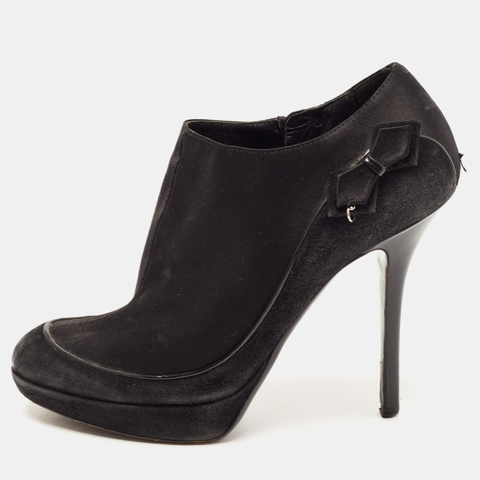 Dior Black Suede And Satin Bow Ankle Booties Size 38.5