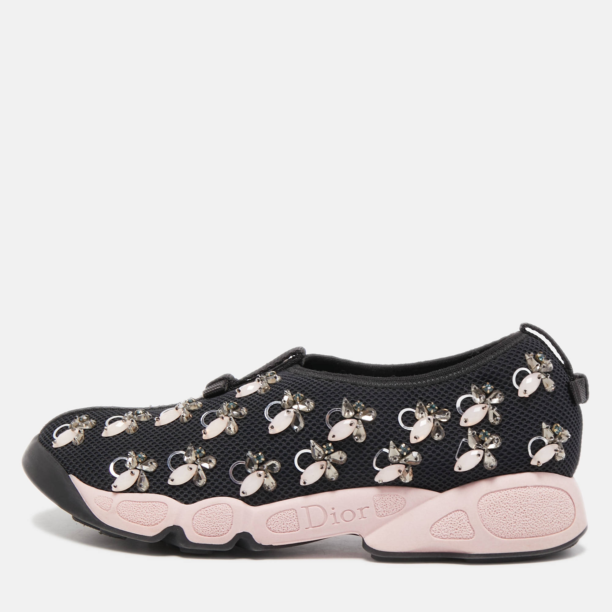 Dior Black/Pink Embellished Mesh Fusion Sneakers Size 38.5