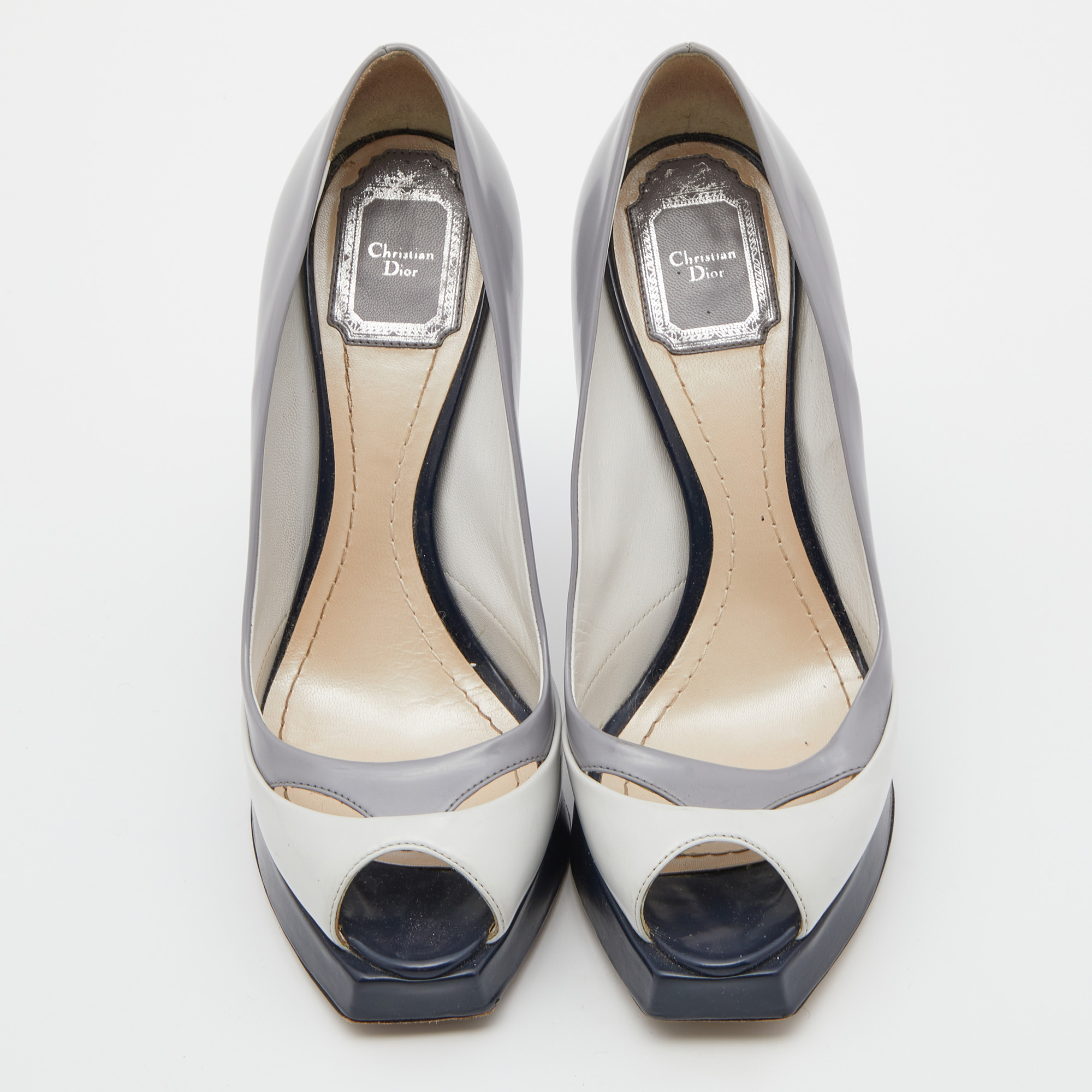 Dior Tri Color Patent Leather Peep Toe Platform Pumps Size 37.5