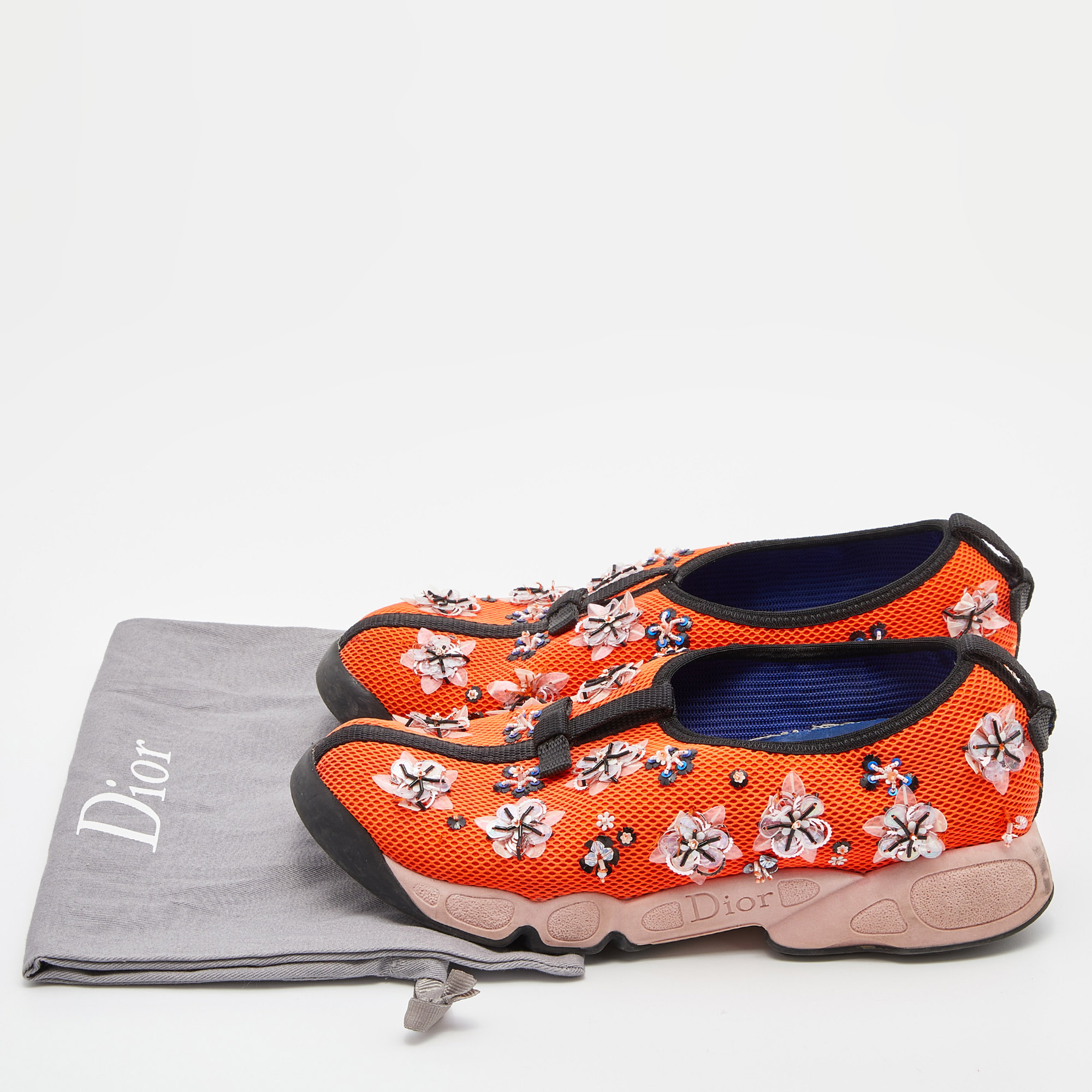 Dior Orange Embellished Mesh Fusion Slip-On Sneakers Size 37.5