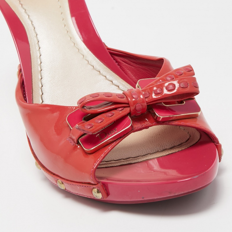 Dior Red Patent Leather Bow Open Toe Slide Sandals Size 41