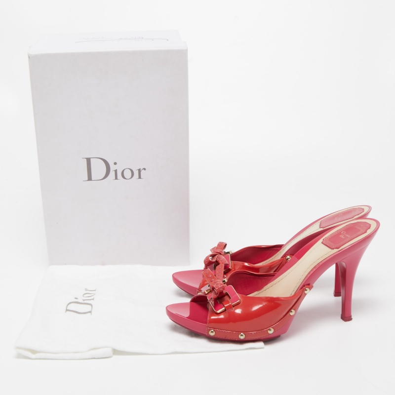 Dior Red Patent Leather Bow Open Toe Slide Sandals Size 41