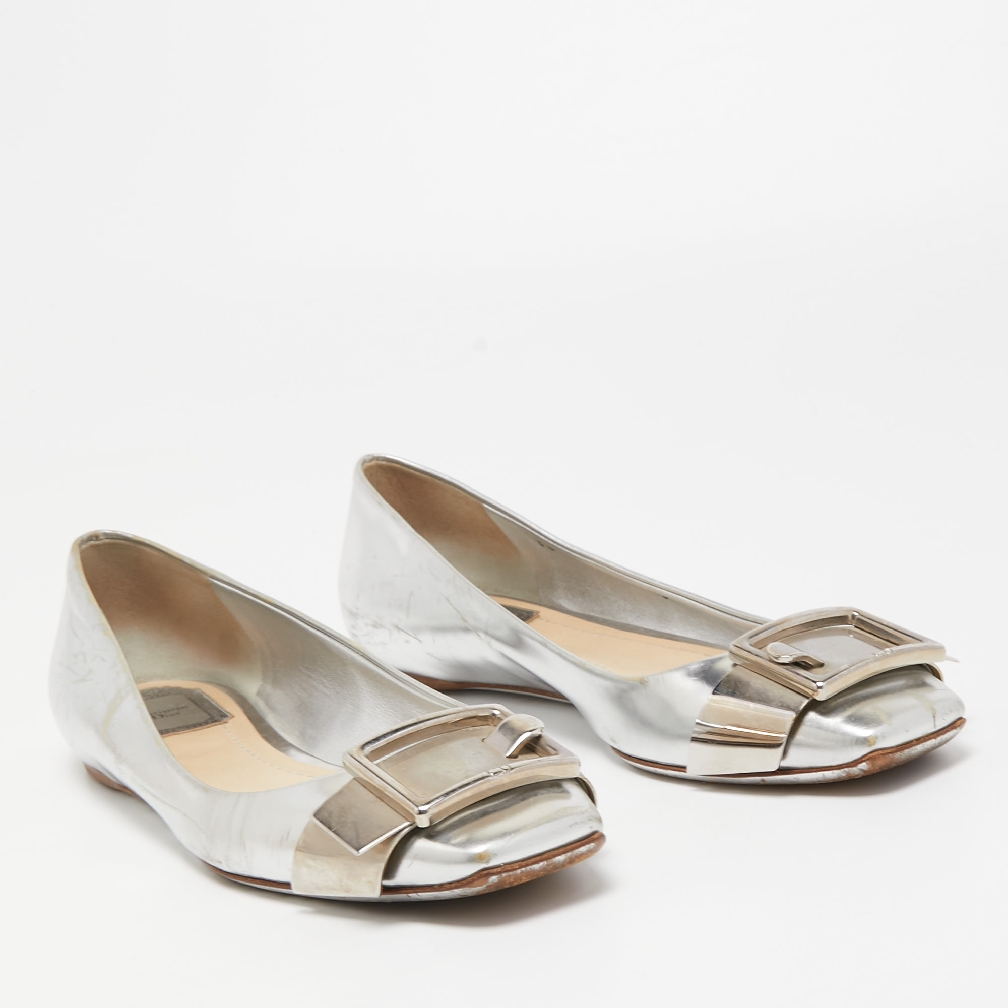 Dior Silver Leather Bow Ballet Flats Size 38