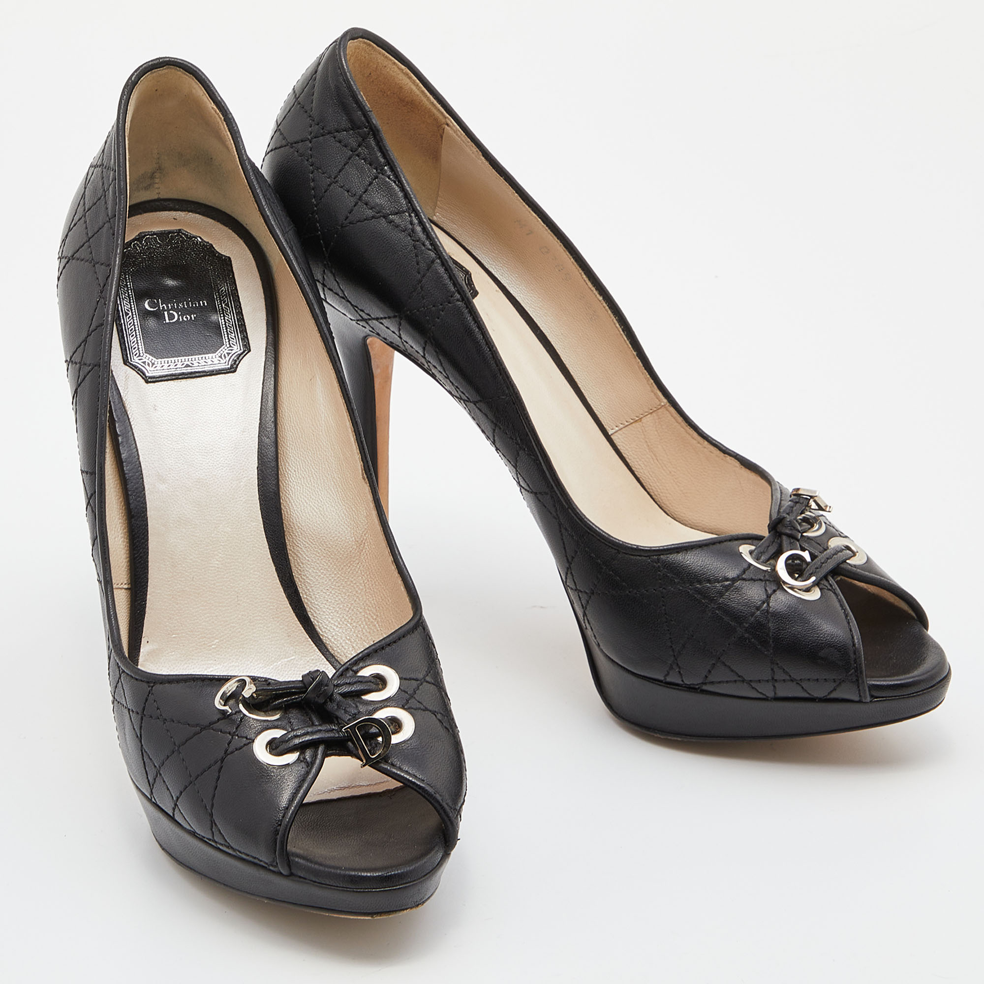Dior Black Cannage Leather Peep Toe Platform Pumps Size 39.5