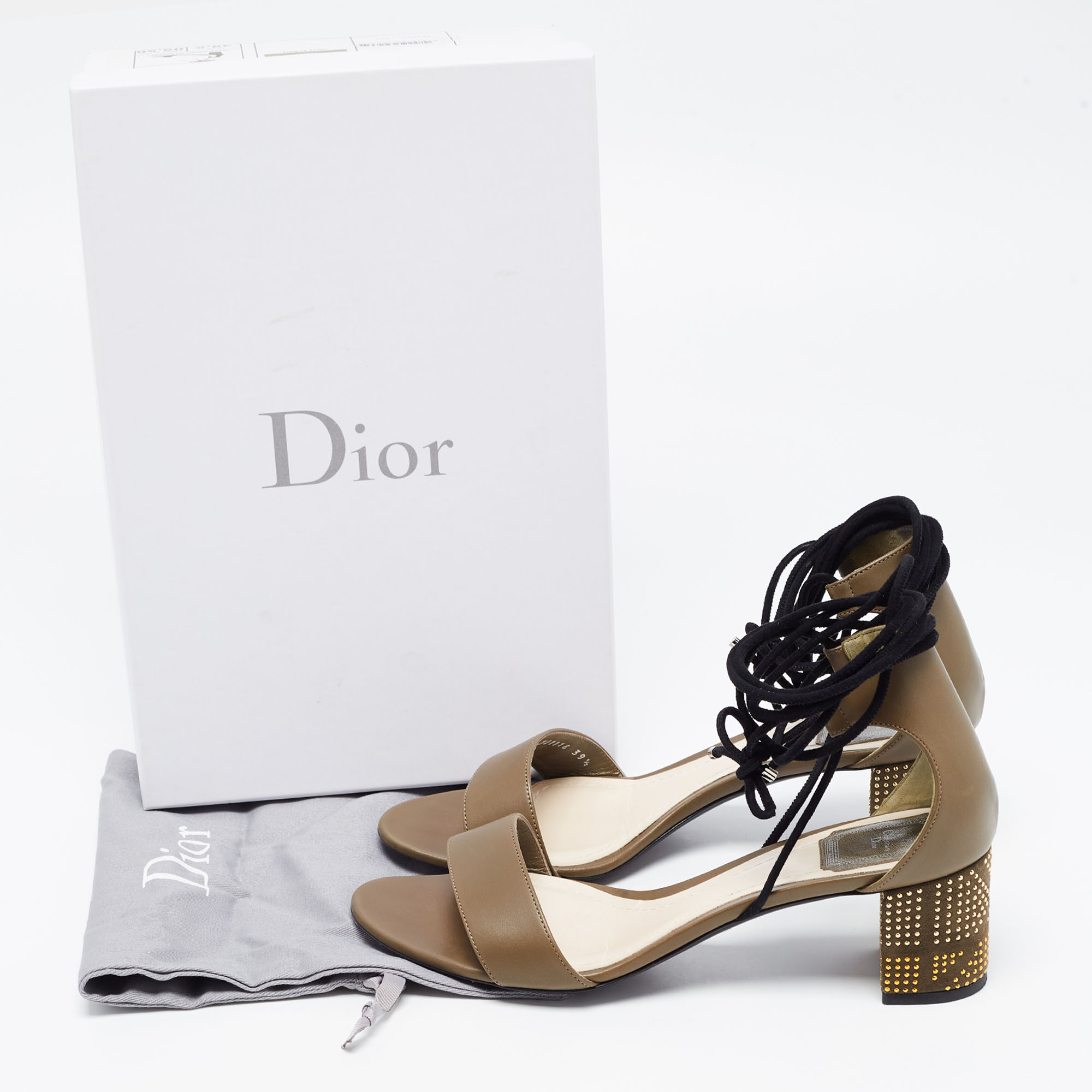 Dior Olive Green Leather Rainbow Stellar Block Heel Lace Up Sandals Size 39.5