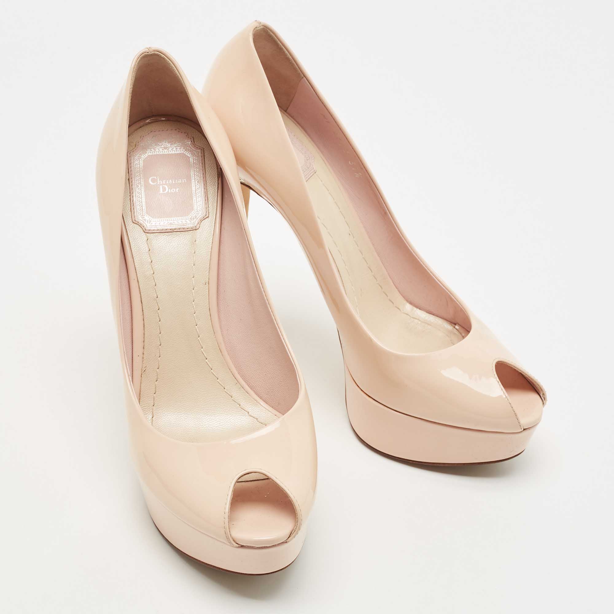Dior Light Pink Patent Leather Peep Toe Cannage Heel Platform Pumps Size 37.5