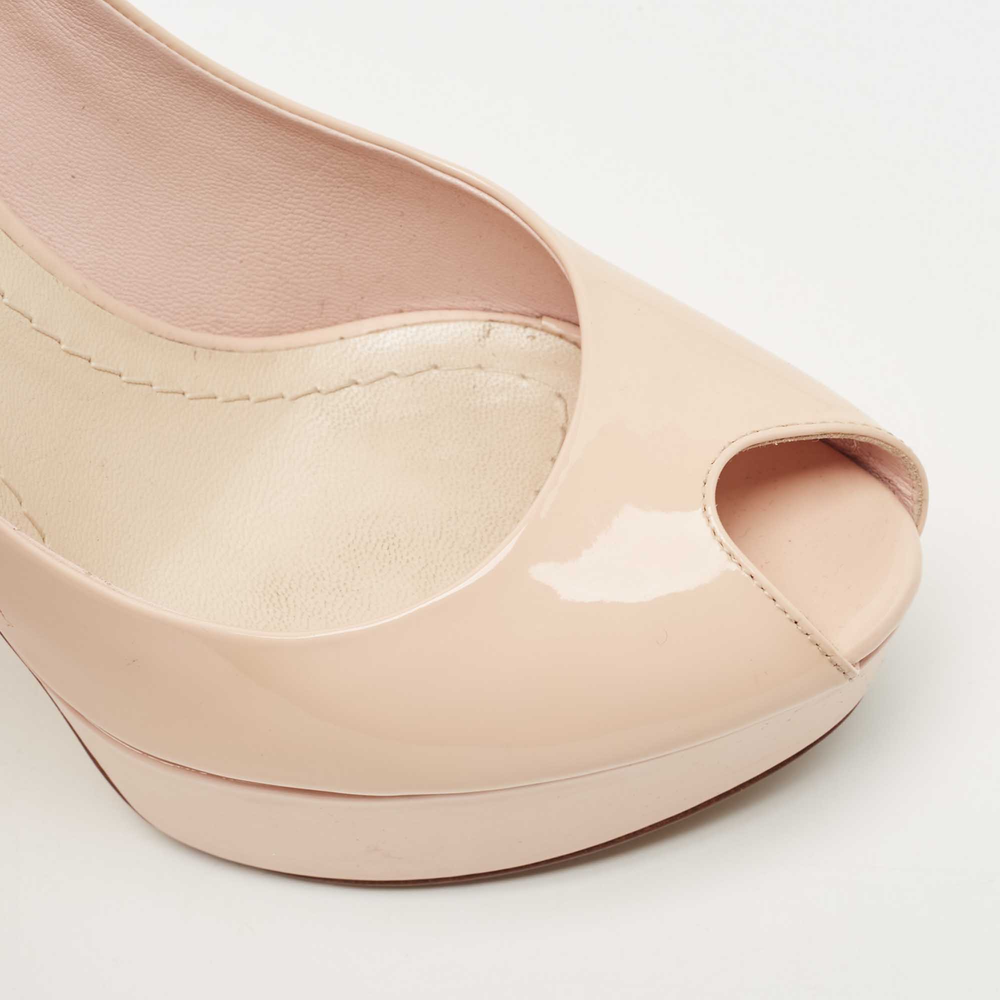 Dior Light Pink Patent Leather Peep Toe Cannage Heel Platform Pumps Size 37.5