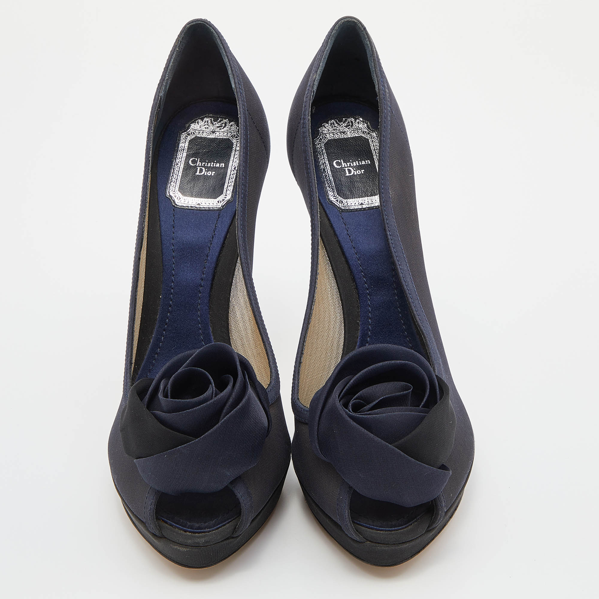 Dior Navy Blue Mesh And Satin Trim Flower Peep Toe Platform Pumps Size 39