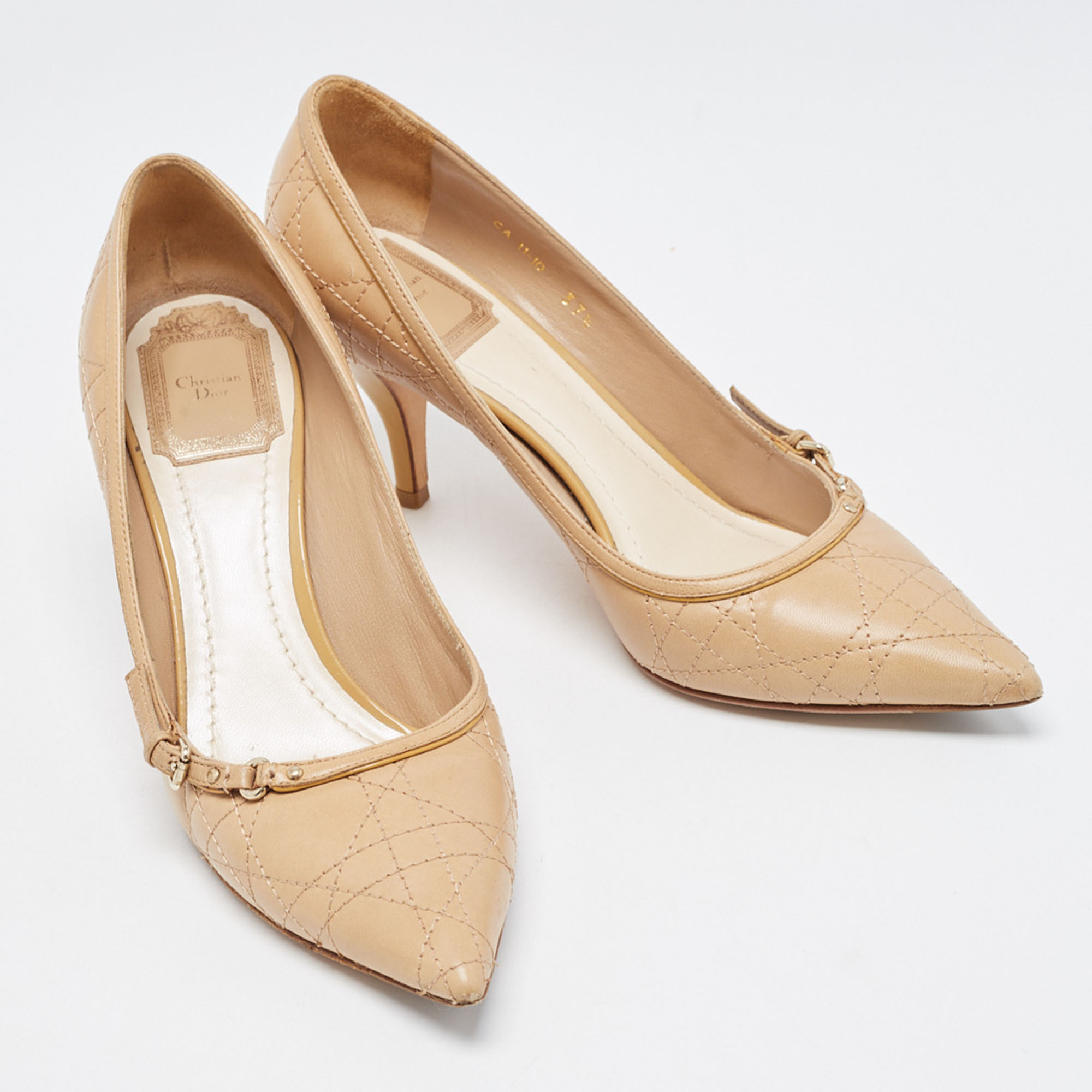 Dior Beige Cannage Leather Buckle Embellished Pointed Toe Pumps Size 37.5