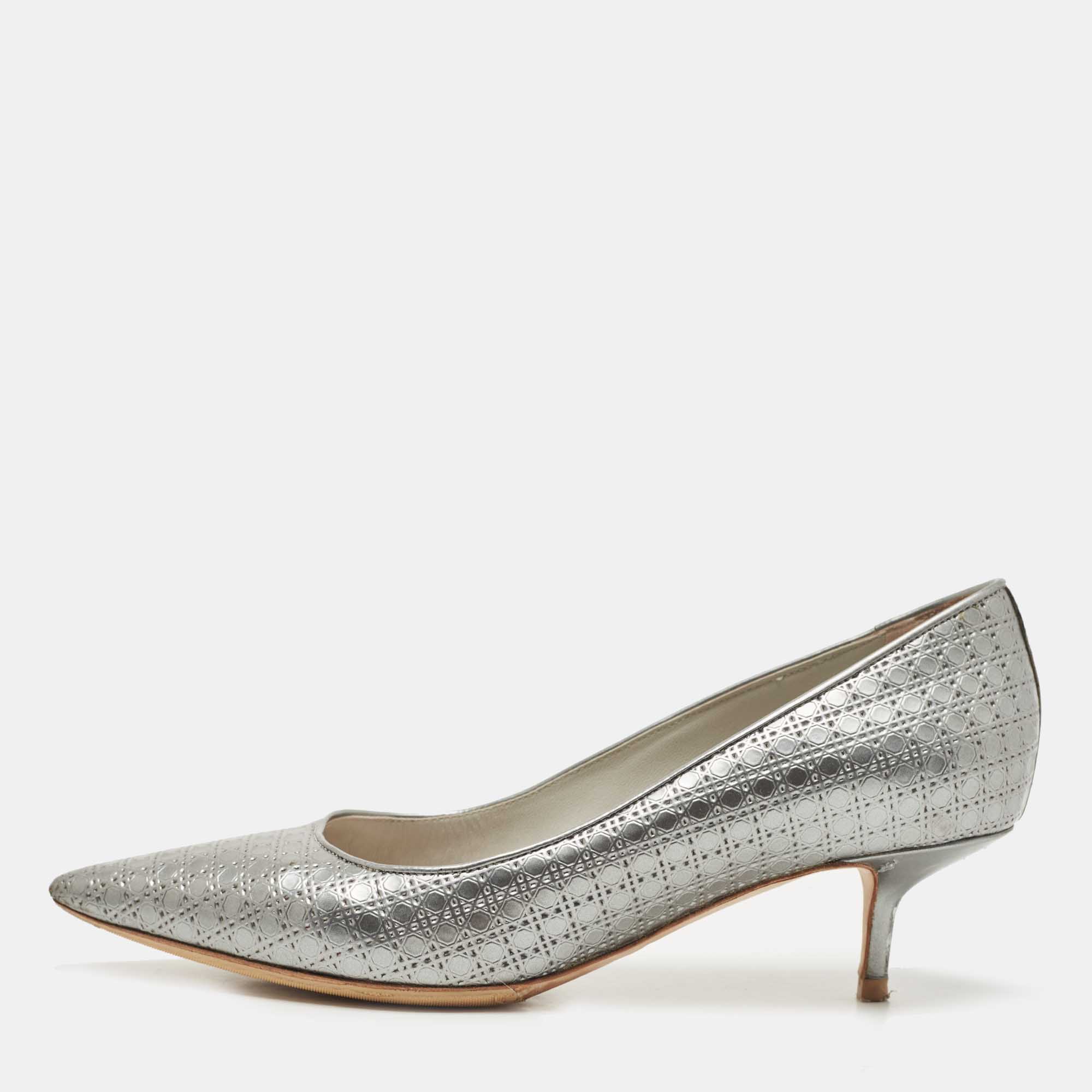 Dior Metallic Silver Cannage Leather Cherie Pointed Toe Pumps Size 37