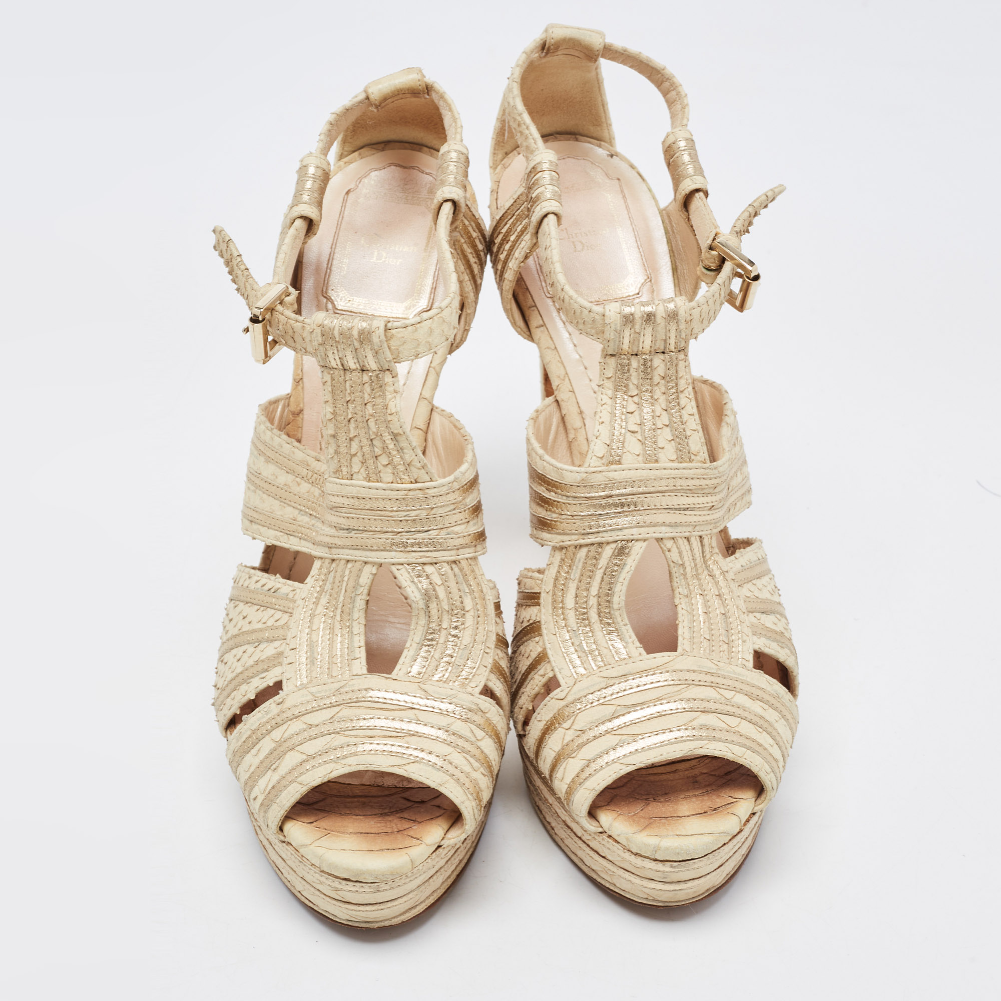 Dior Beige/Gold Embossed Python And Leather Platform Ankle Strap Sandals Size 39