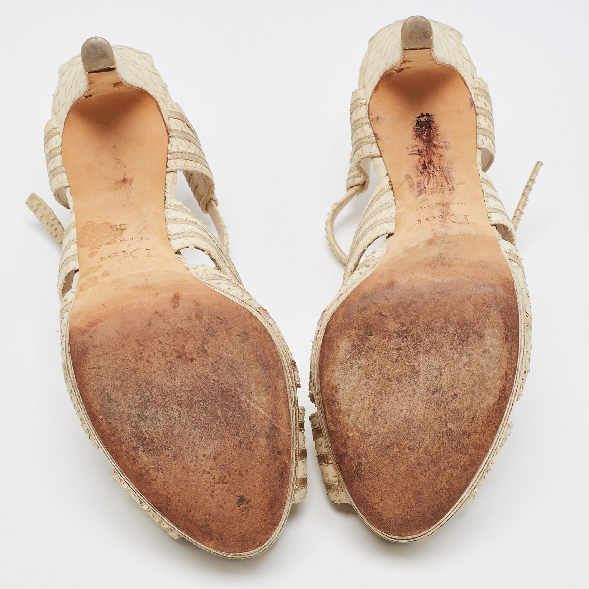 Dior Beige/Gold Embossed Python And Leather Platform Ankle Strap Sandals Size 39