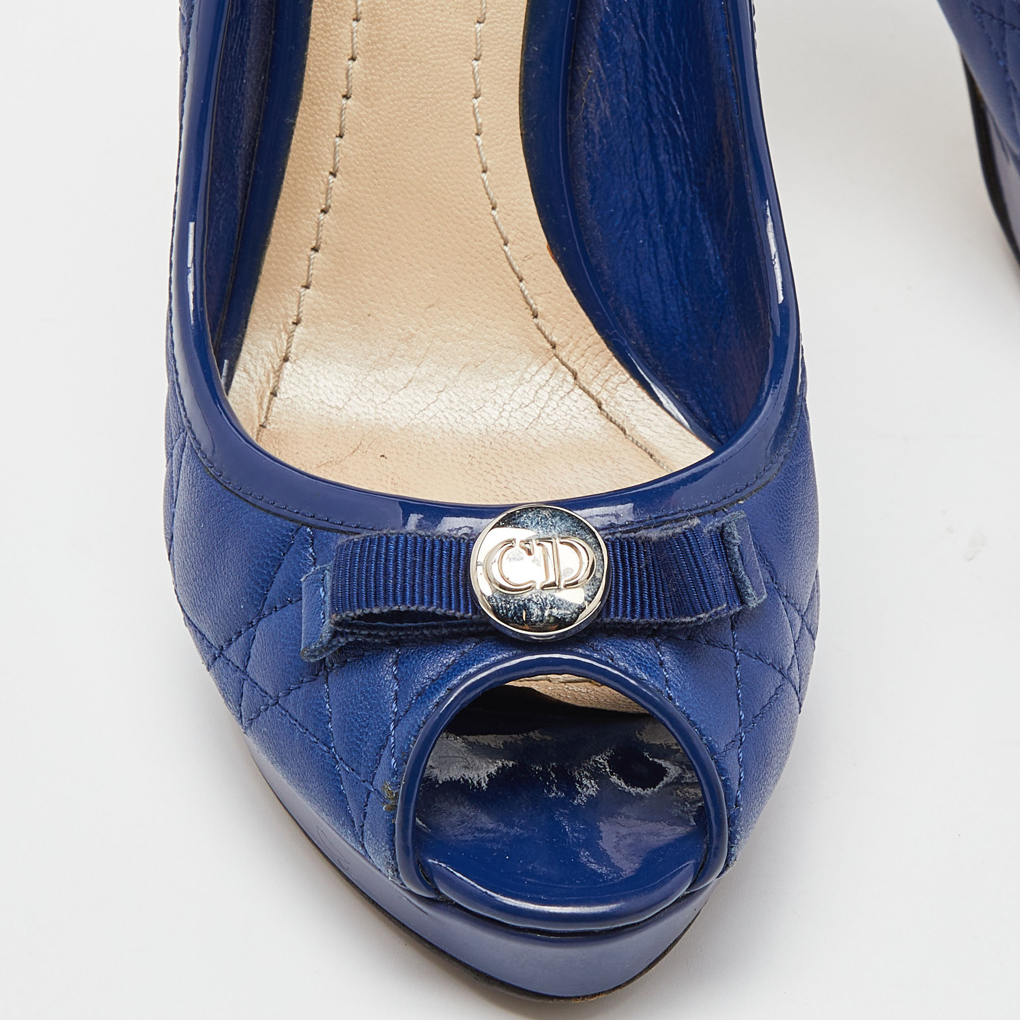Dior Blue Cannage Leather And Patent Bow Peep Toe Platform Pumps Size 36.5