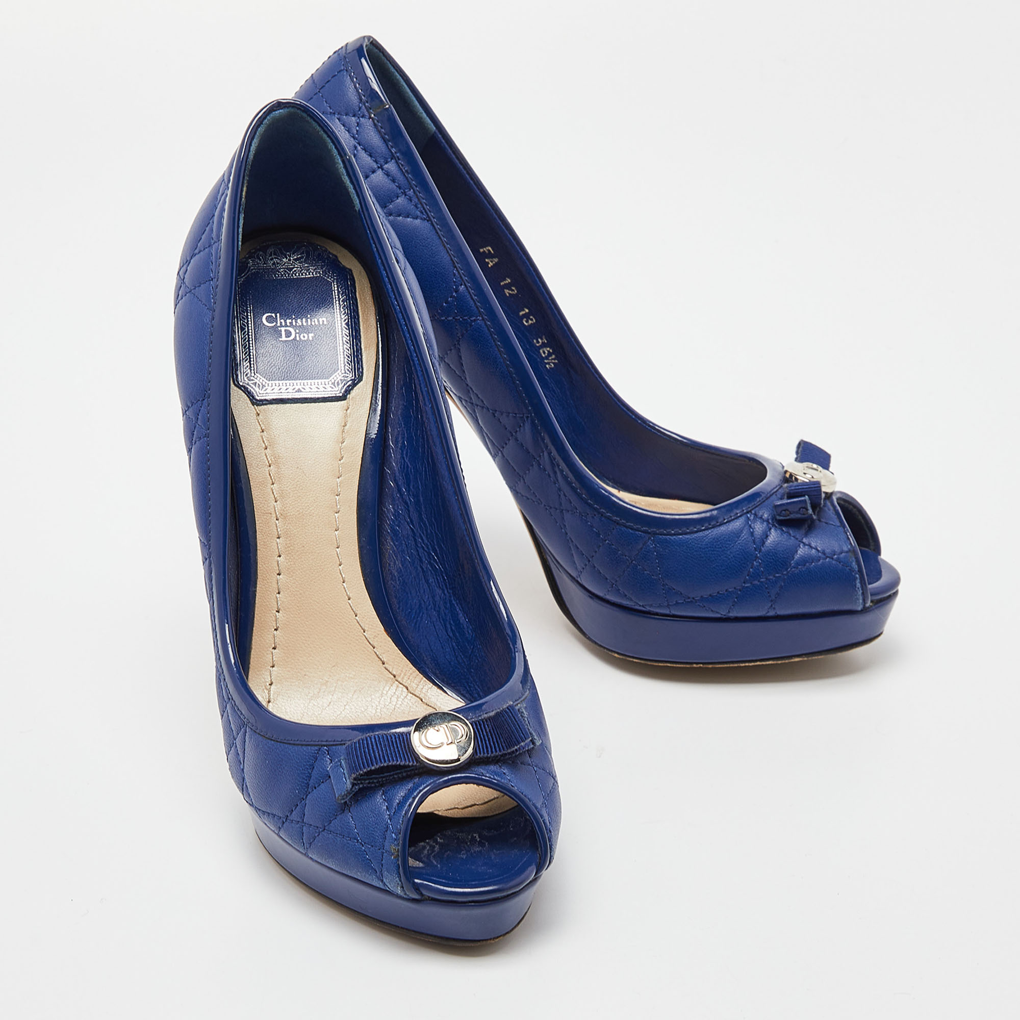 Dior Blue Cannage Leather And Patent Bow Peep Toe Platform Pumps Size 36.5