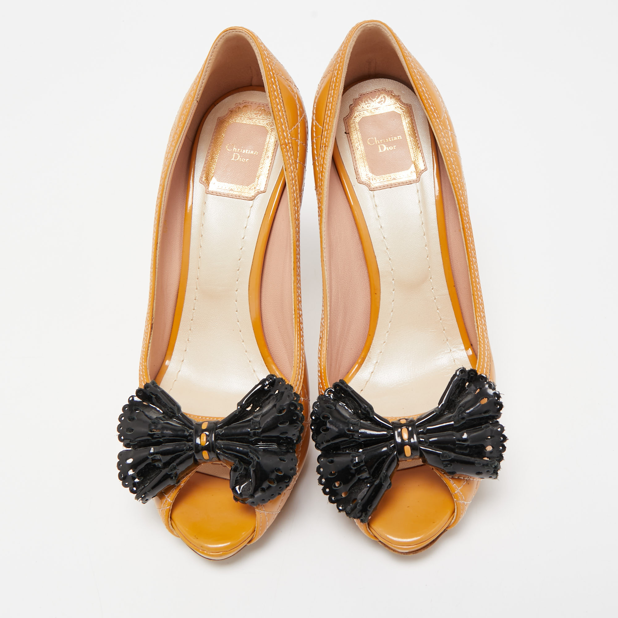 Dior Light Orange/Black Cannage Patent Leather Bow Peep Toe Pumps Size 38.5