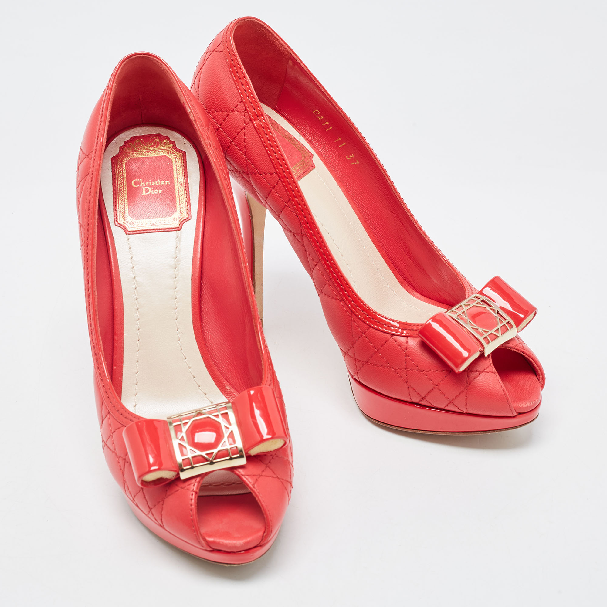 Dior Red Cannage Leather Bow Peep Toe Platform Pumps Size 37