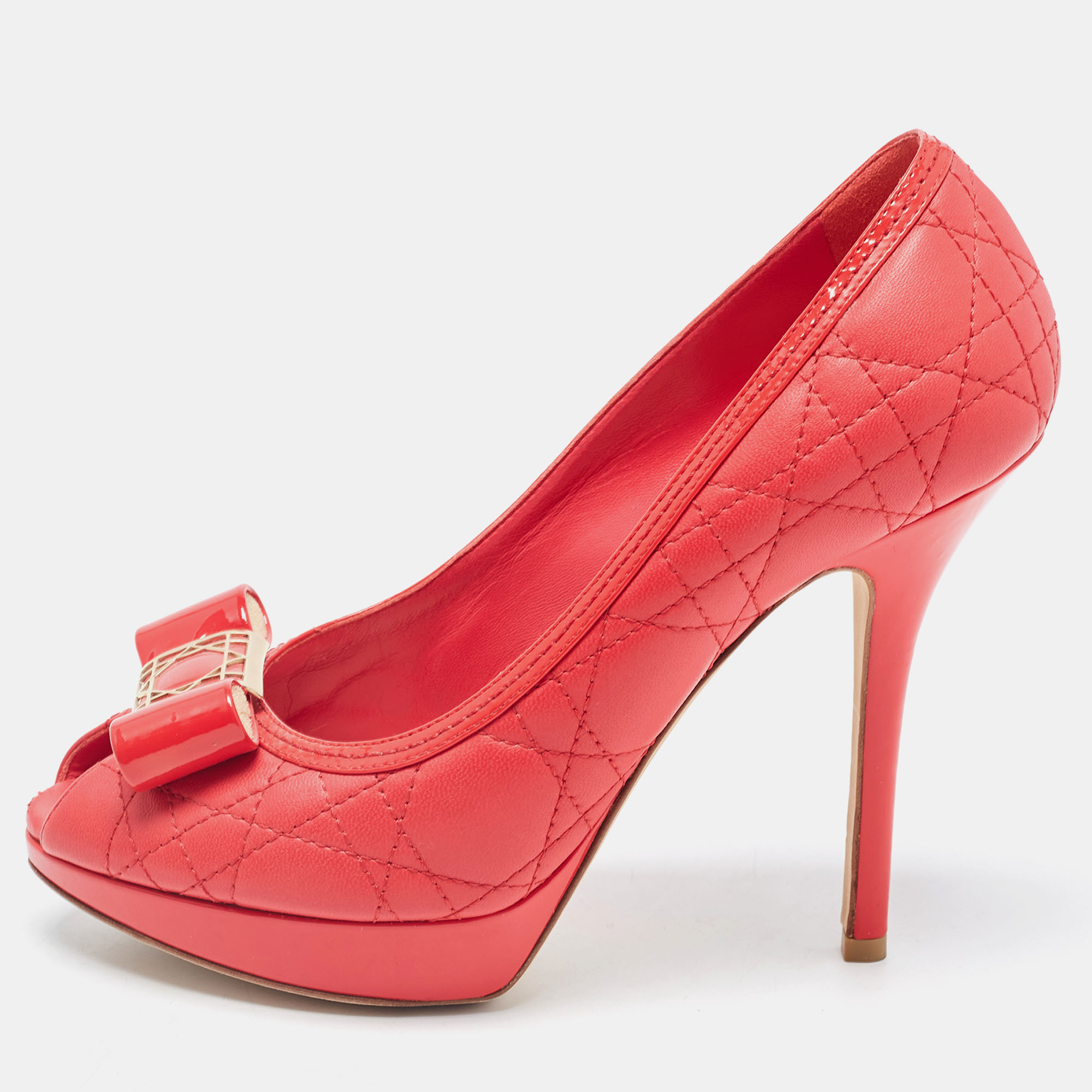 Dior Red Cannage Leather Bow Peep Toe Platform Pumps Size 37