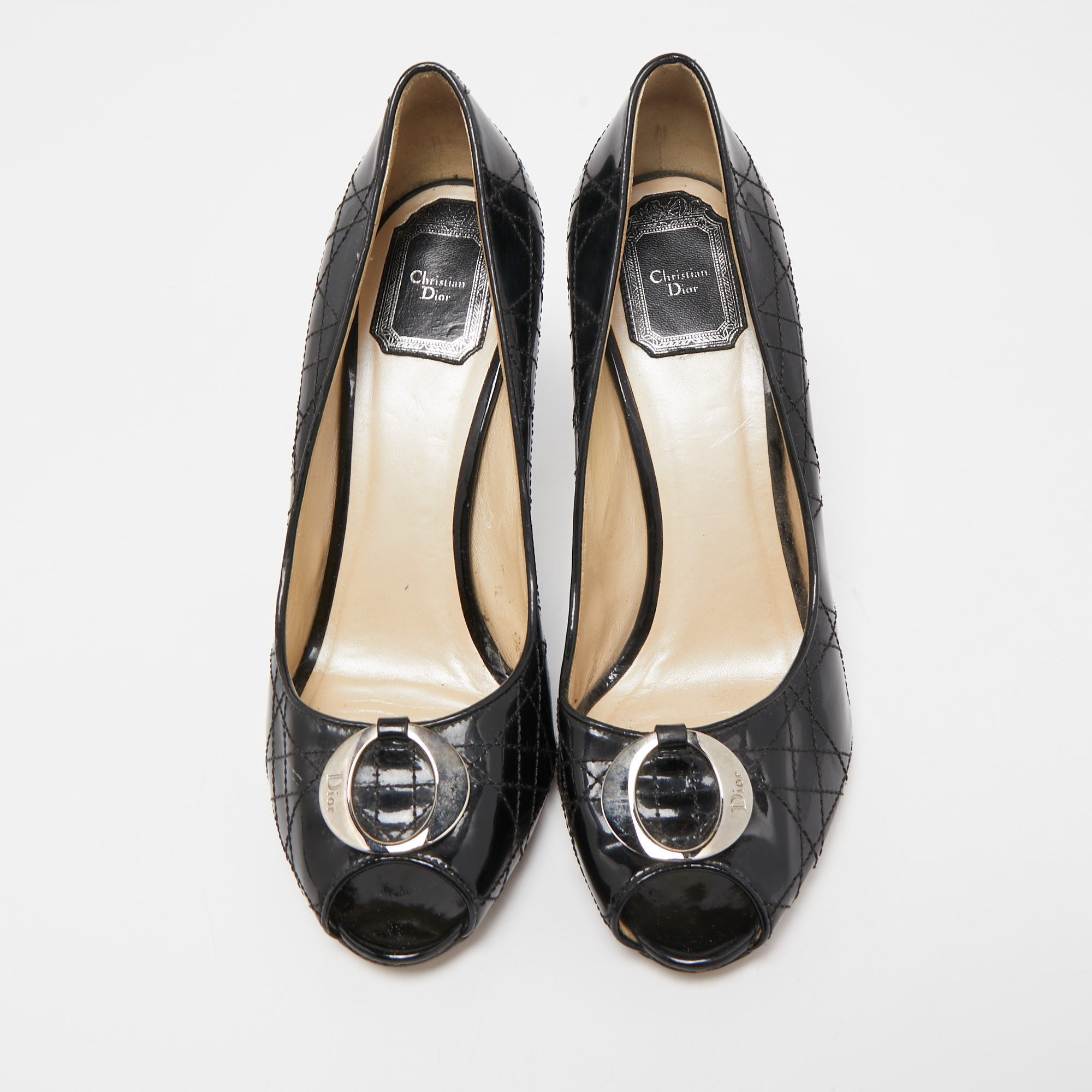 Dior Black Cannage Patent Leather Peep Toe Pumps Size 39.5