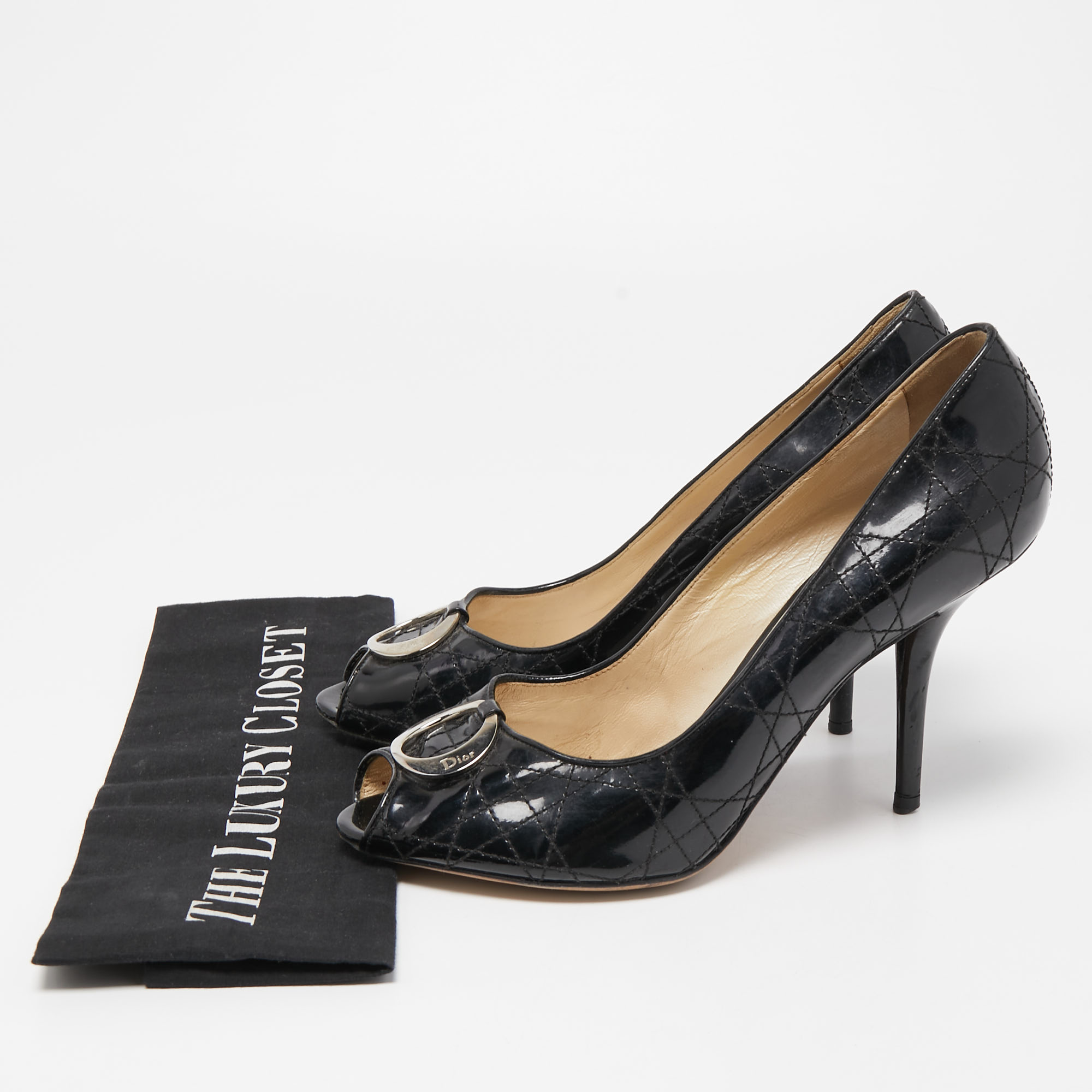 Dior Black Cannage Patent Leather Peep Toe Pumps Size 39.5