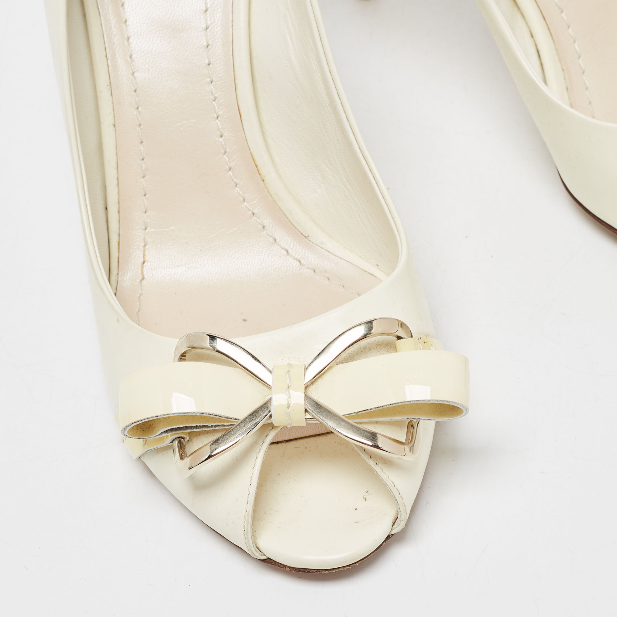 Dior Cream Patent Peep Toe Bow Pumps Size 37