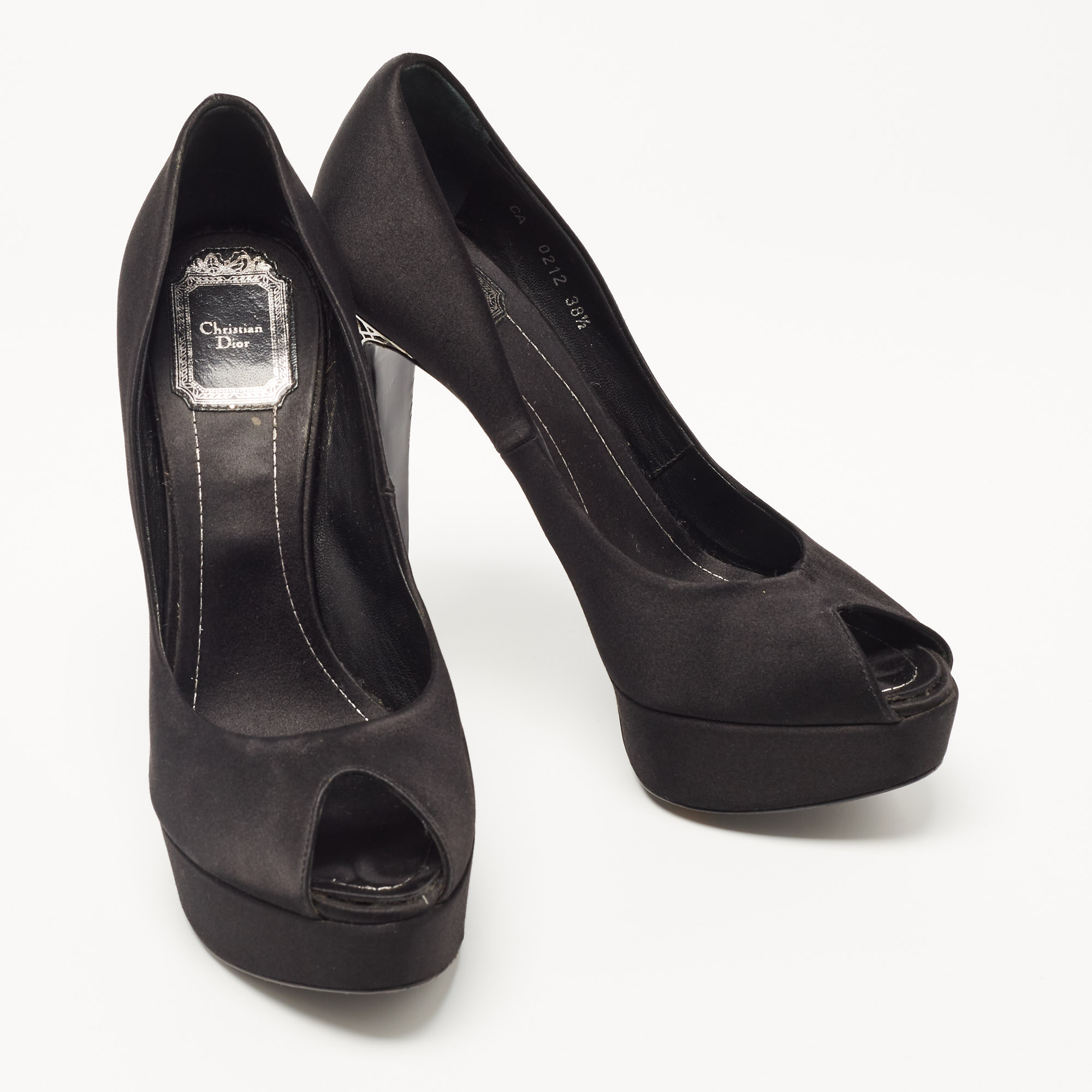 Dior Black Satin Miss Dior Peep Toe Pumps Size 38.5