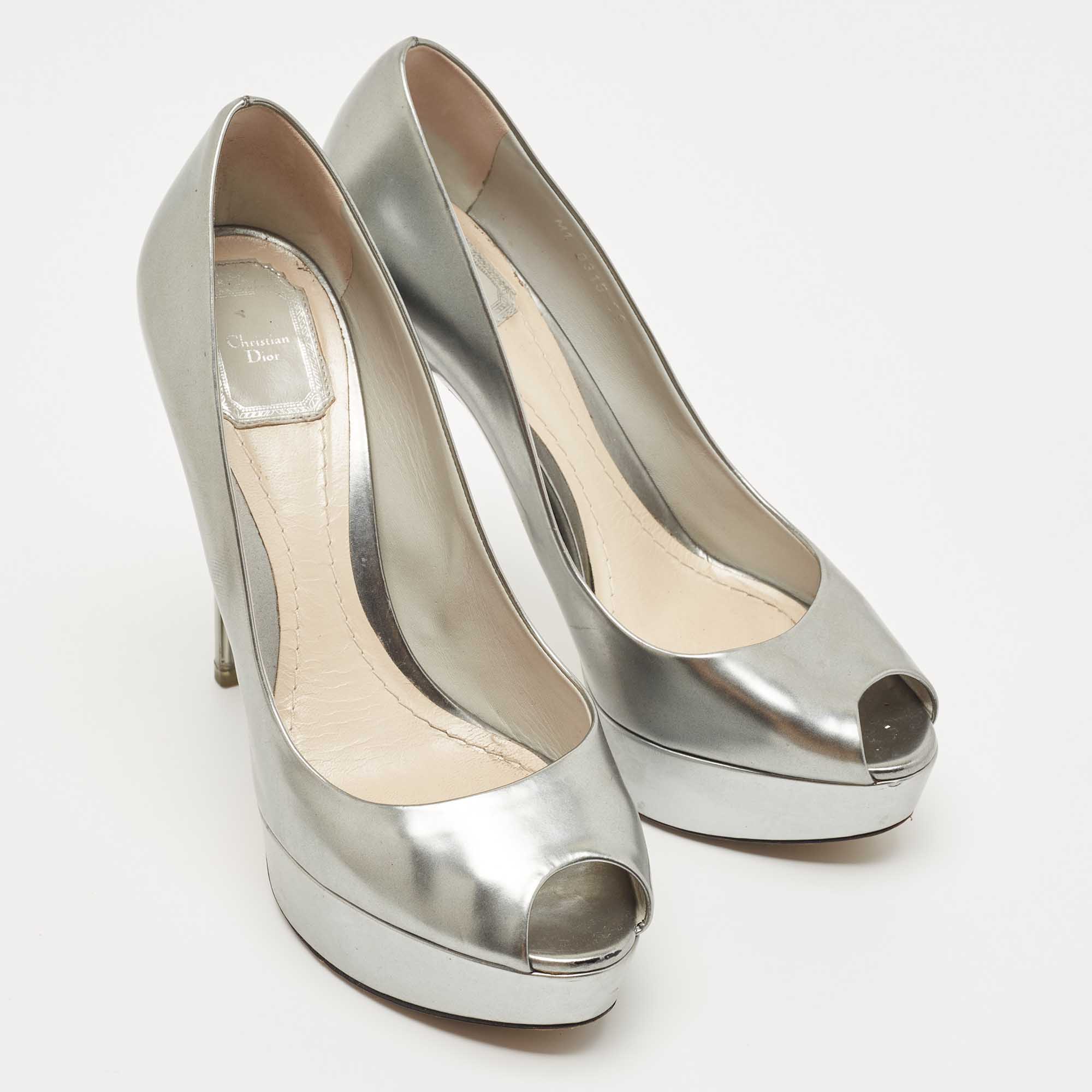 Dior Silver Leather Miss Dior Peep Toe Pumps Size 39