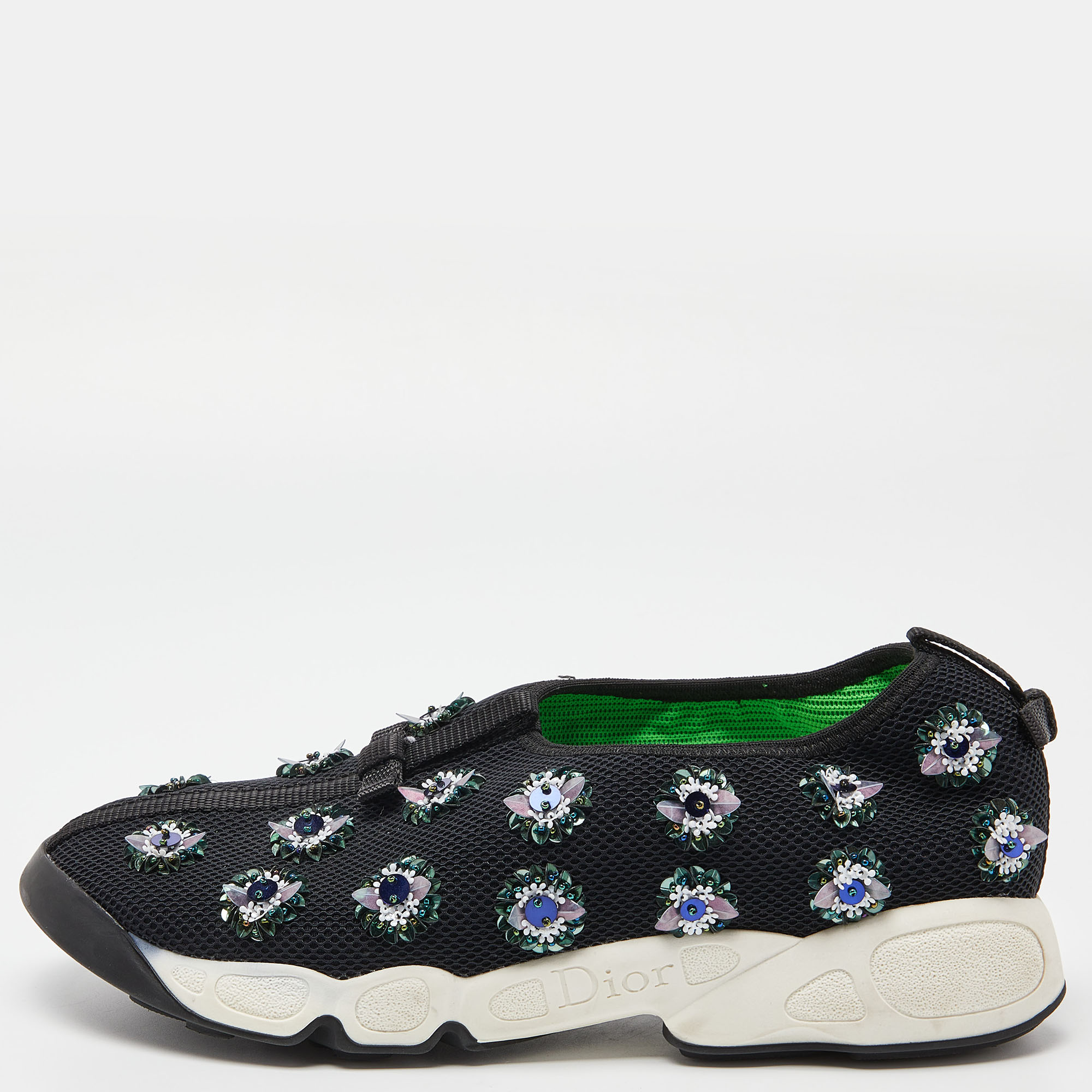 Dior Black Mesh Fusion Floral Embellished Slip On Sneakers Size 39.5