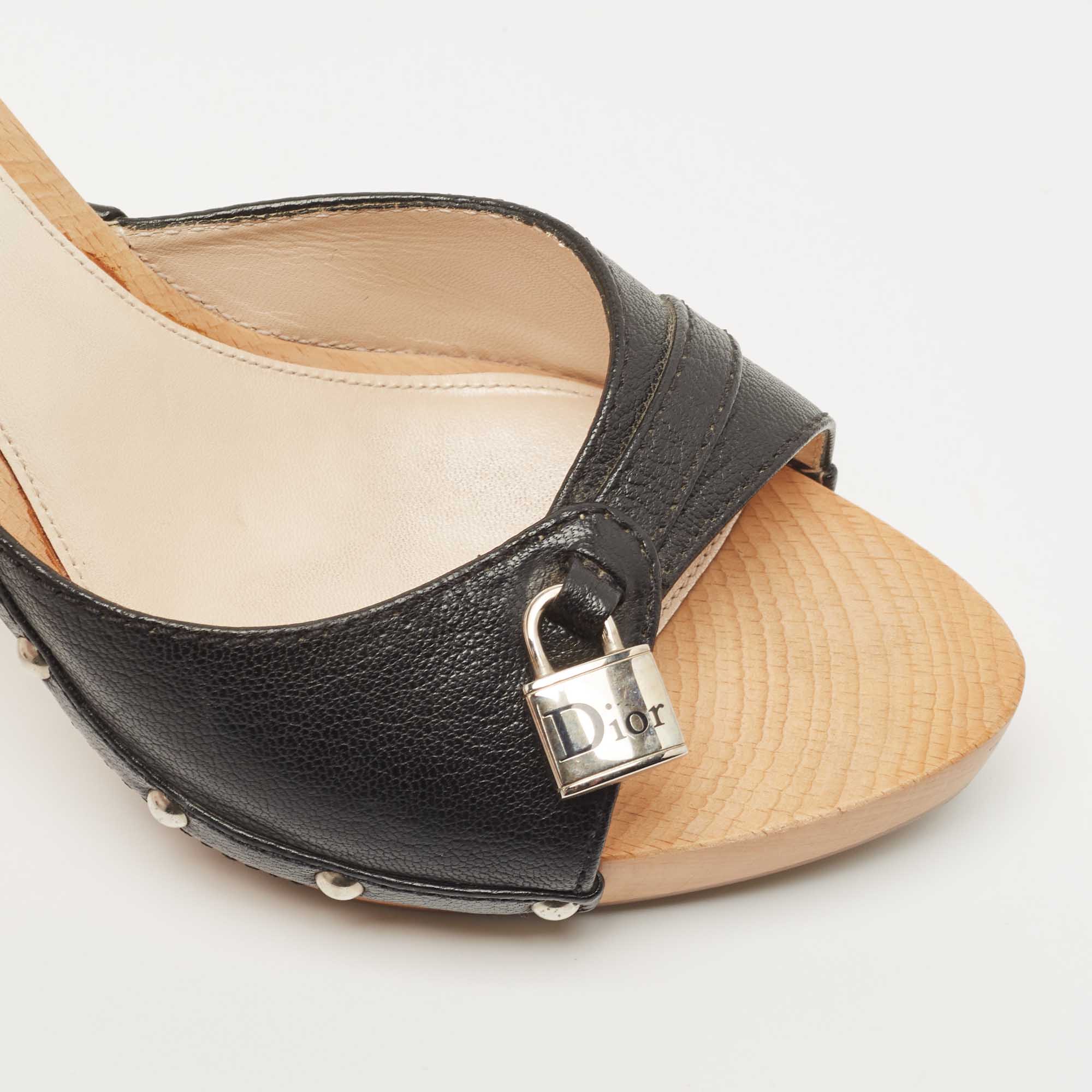 Dior Black Leather Lock Charm Wooden Clogs Size 39.5