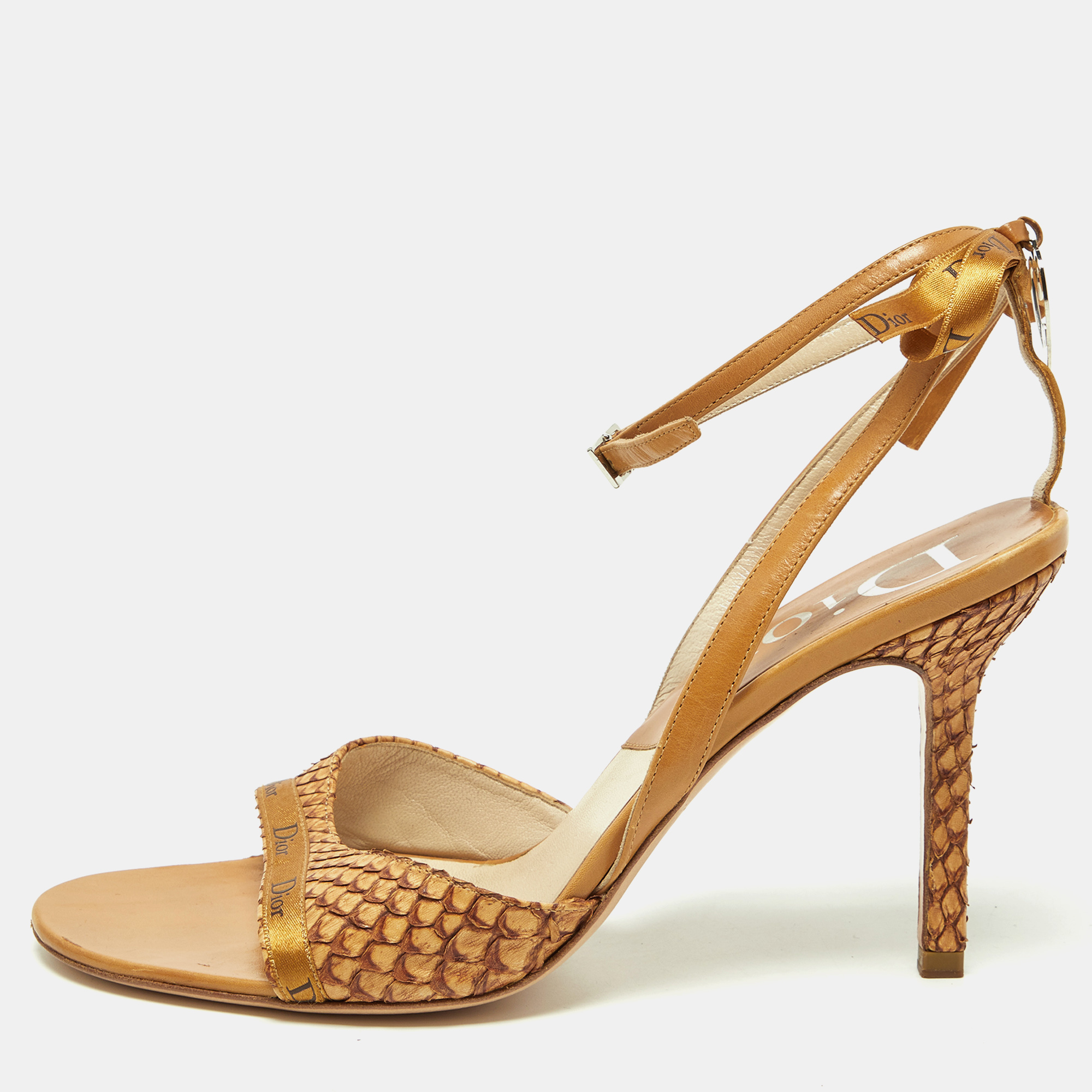 Dior Tan Python And Leather Ankle Strap Sandals Size 39