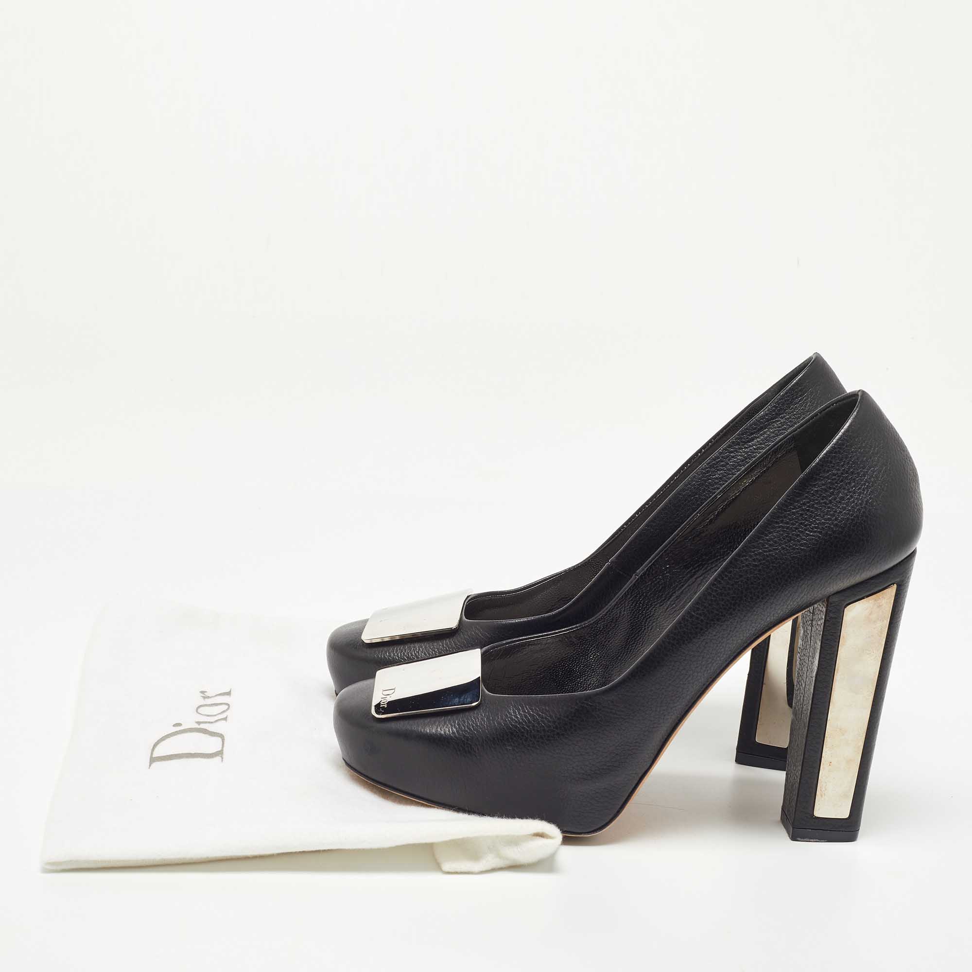 Dior Black Leather Metal Plate Block Heel Pumps Size 39.5