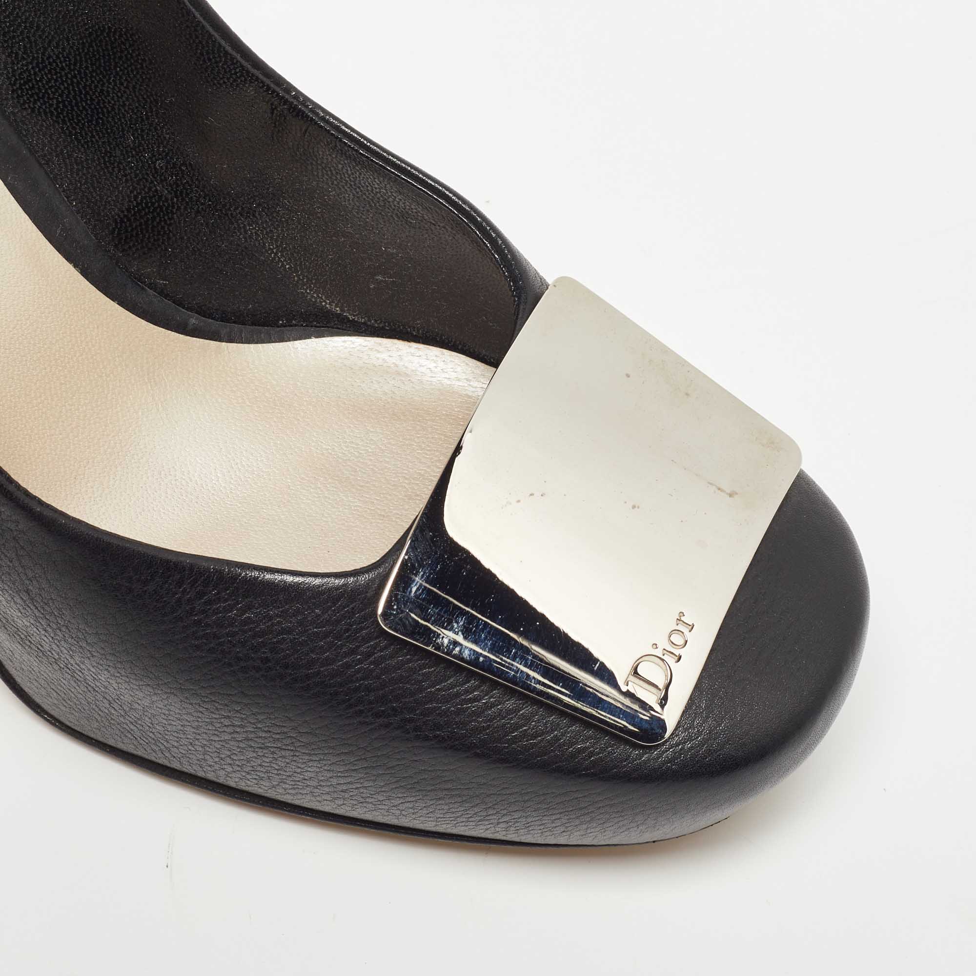 Dior Black Leather Metal Plate Block Heel Pumps Size 39.5