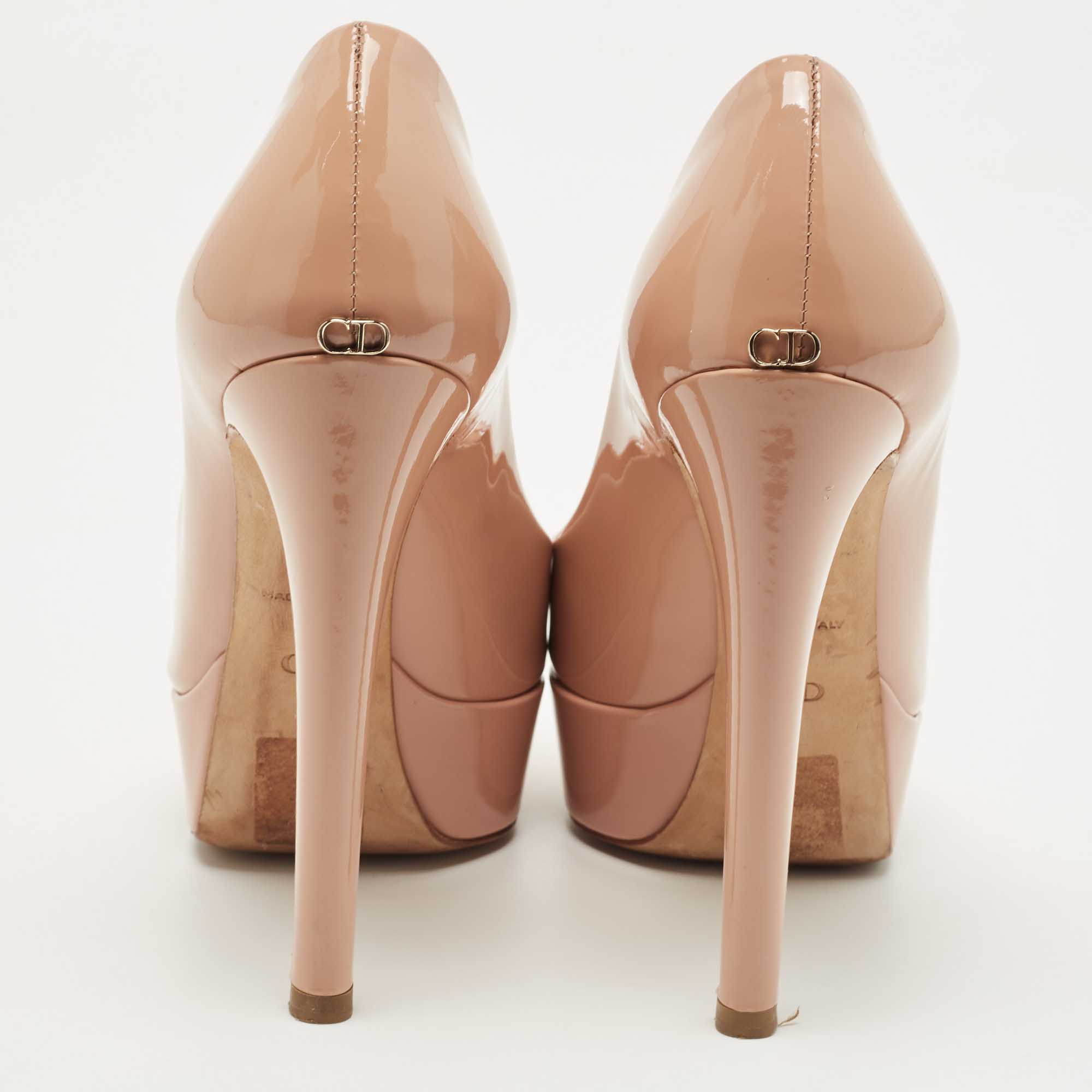 Dior Beige Patent Leather Miss Dior Peep Toe Platform Pumps Size 35