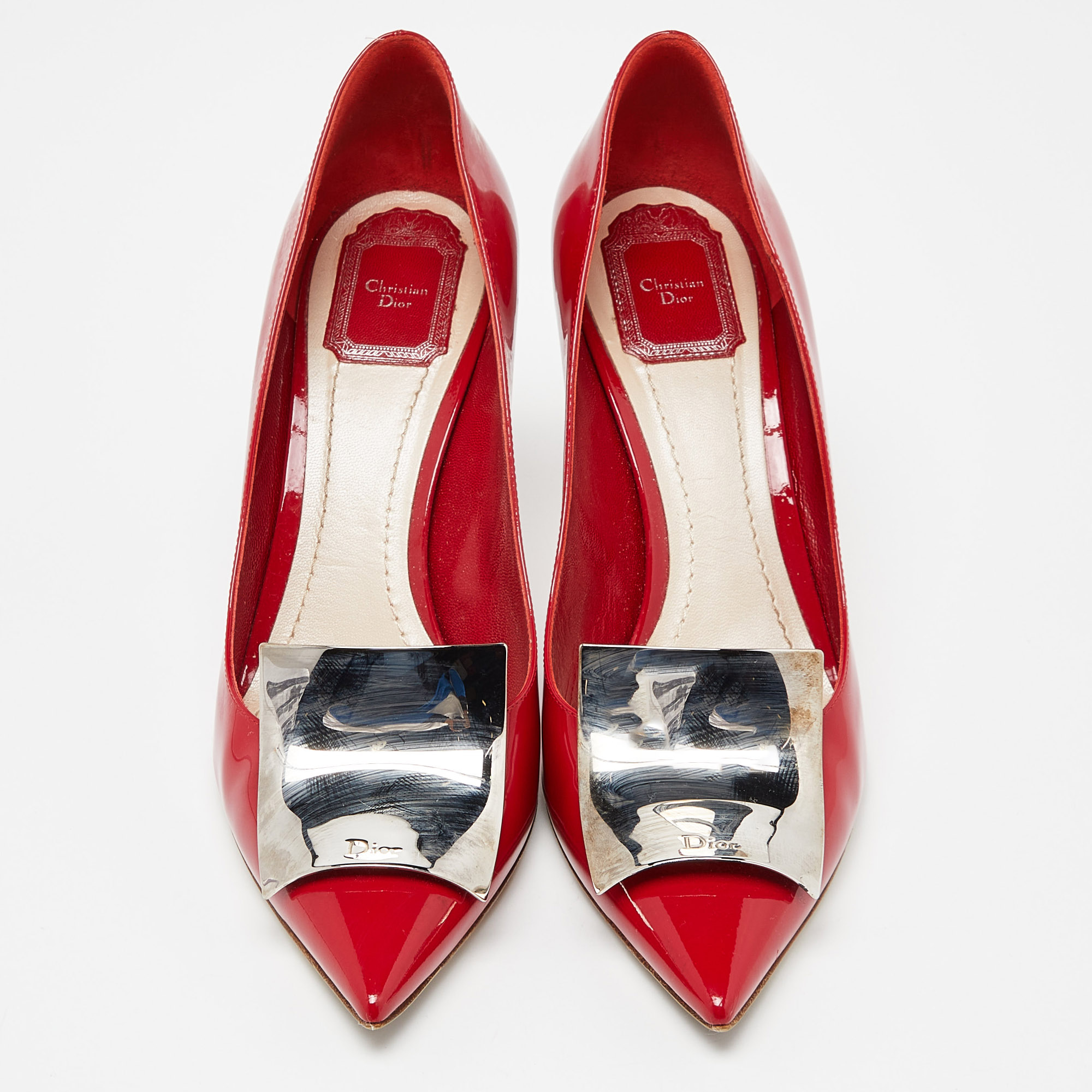 Dior Red Patent Leather Metal Pointed Toe Pumps Size 40