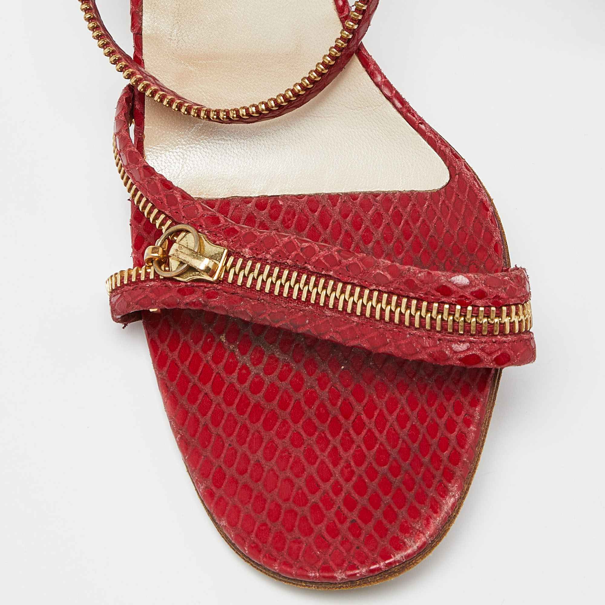 Dior Red Python Embossed Leather Chain Ankle Strap Sandals Size 39.5