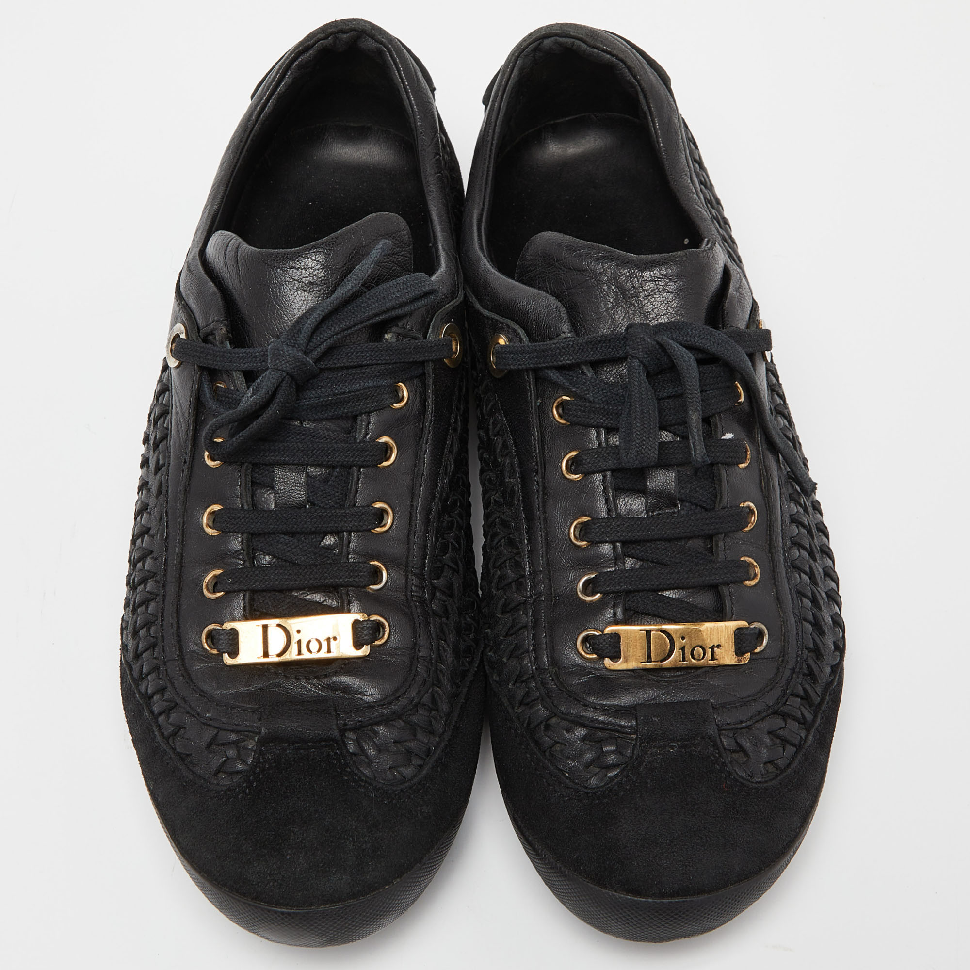 Dior Black Suede And Woven Leather Lace Up Sneakers Size 37