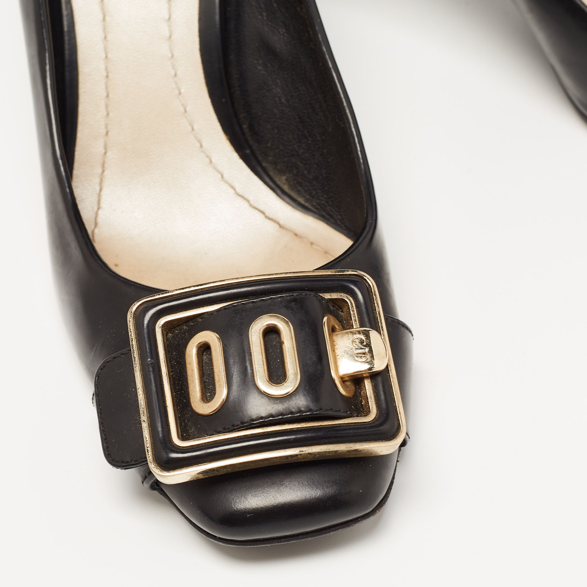 Dior Black Leather Buckle Detail Square Toe Pumps Size 37