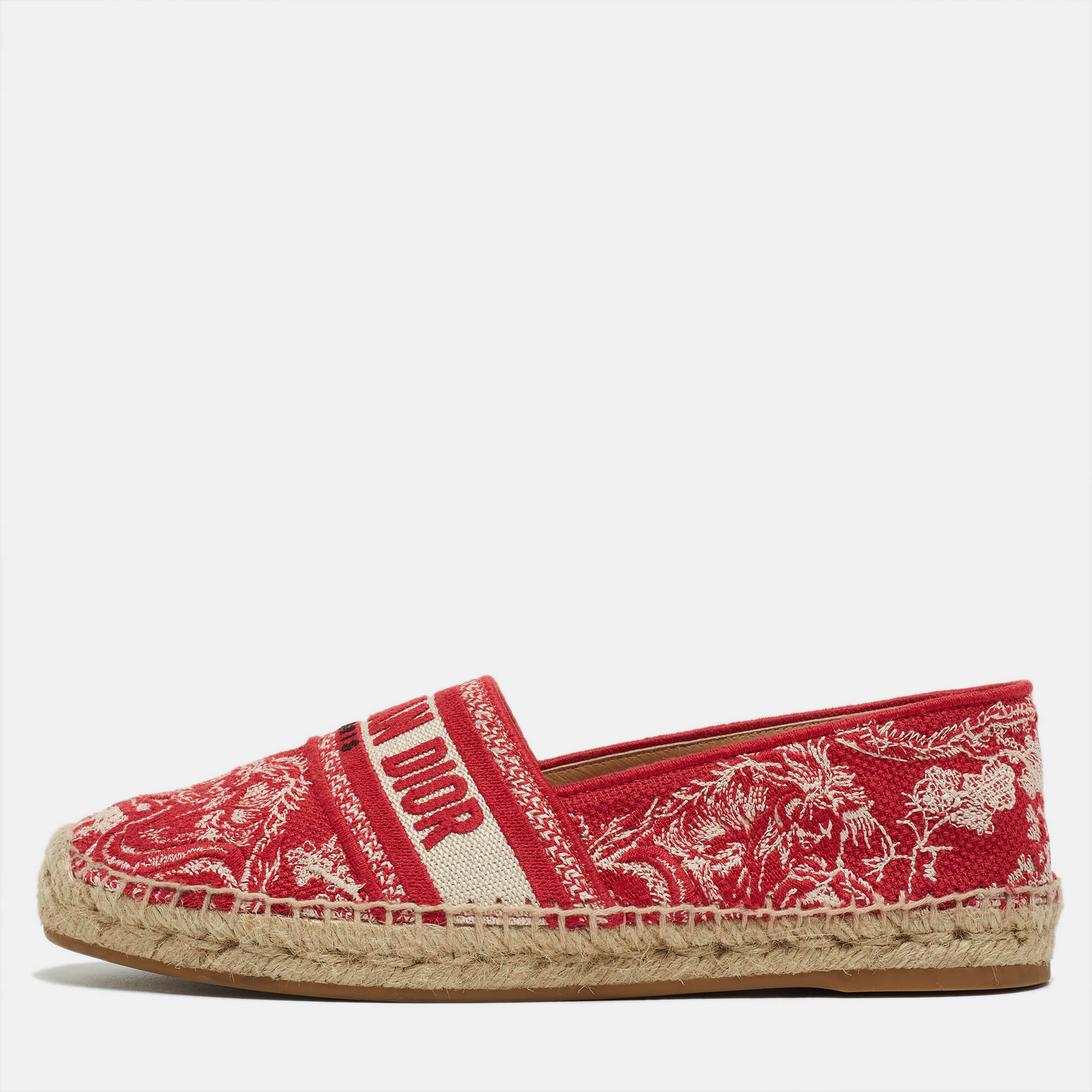 Dior White/Red Floral Embroidered Canvas Granville Espadrille Flats Size 39