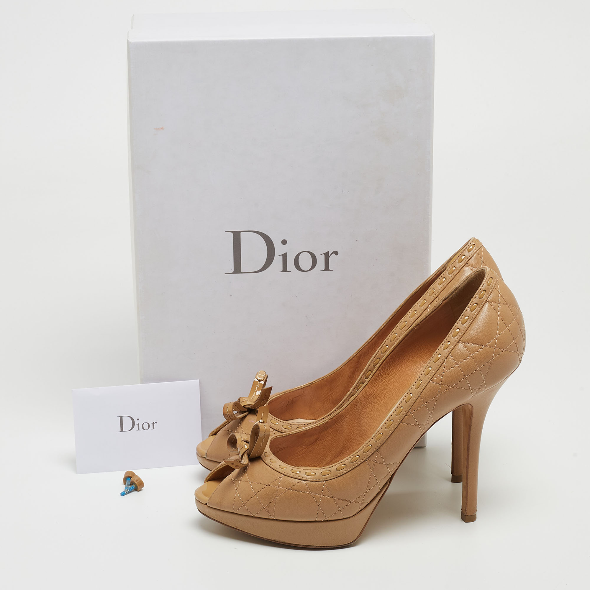 Dior Beige Quilted Leather Bow Peep Toe Platform Pumps Size 38.5
