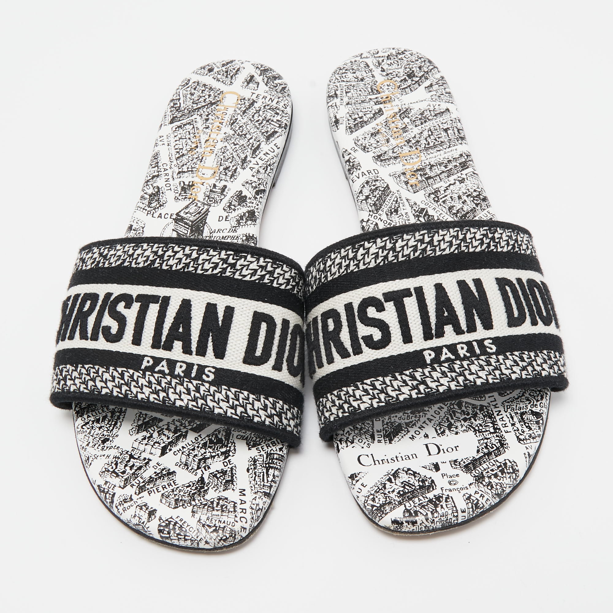 Christian Dior Black/White Canvas Flat Slides Size 36.5