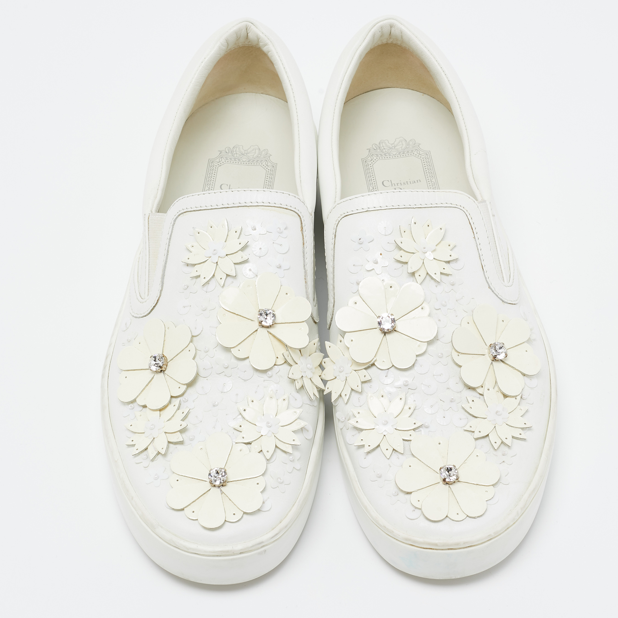 Dior White Leather Daisy Flower Embellished Slip On Sneakers Size 37.5