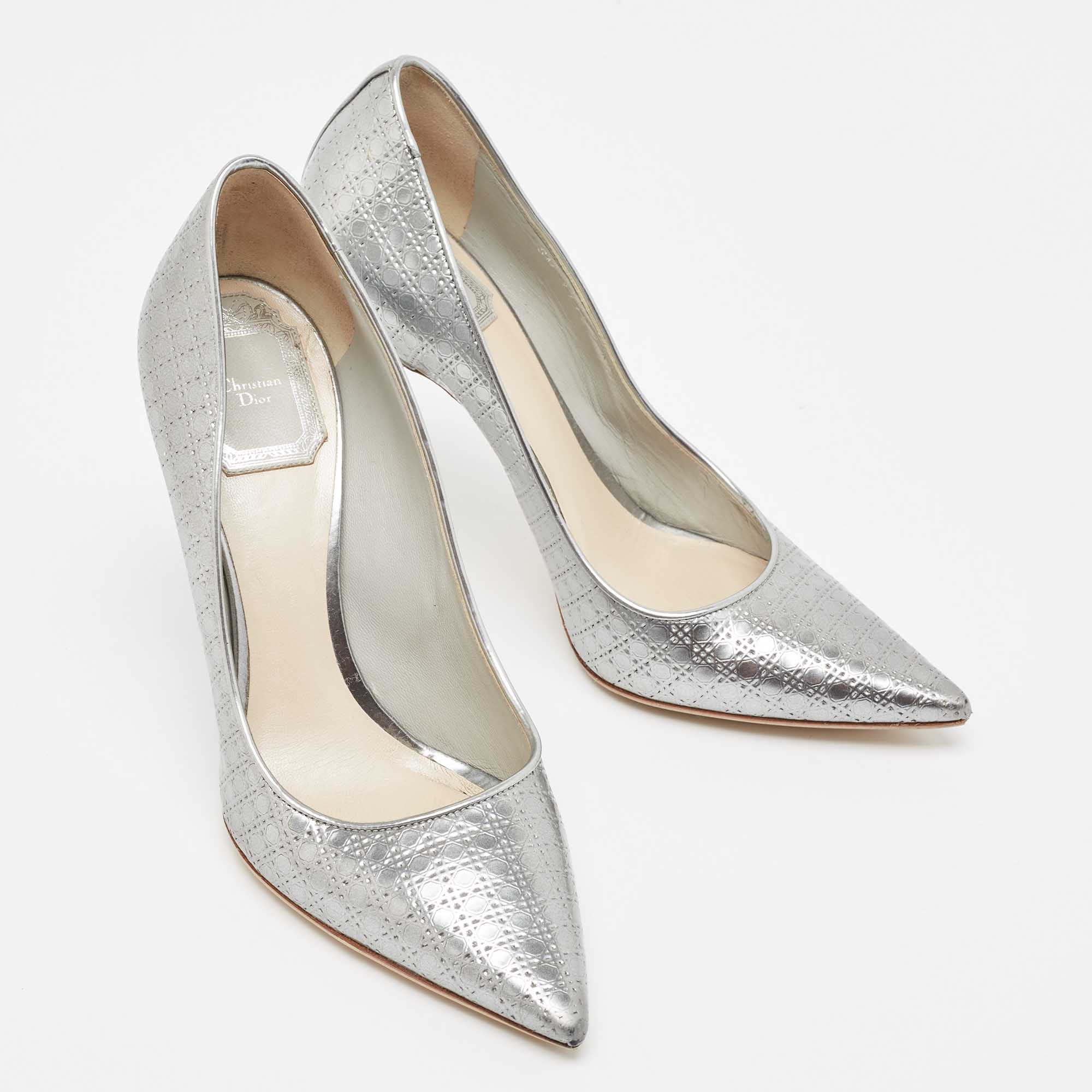 Dior Silver Micro Cannage Leather Cherie Pumps Size 37