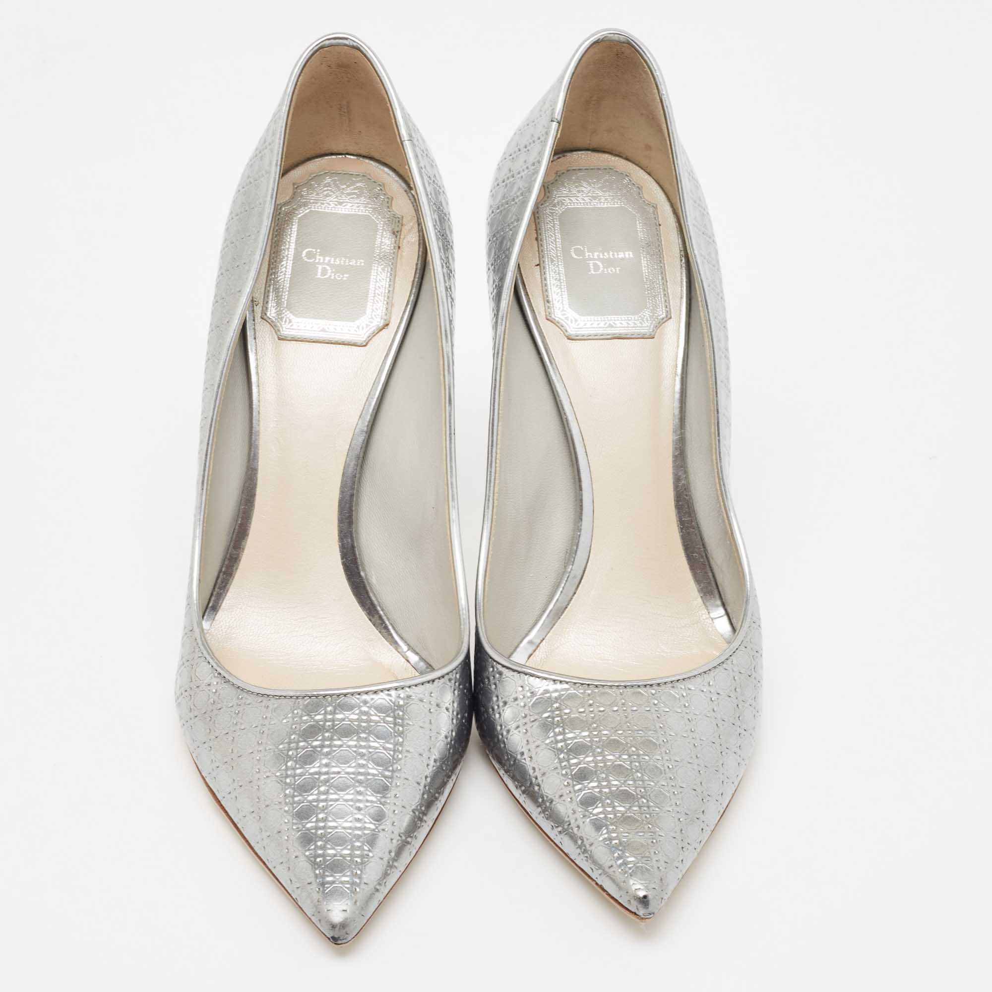 Dior Silver Micro Cannage Leather Cherie Pumps Size 37
