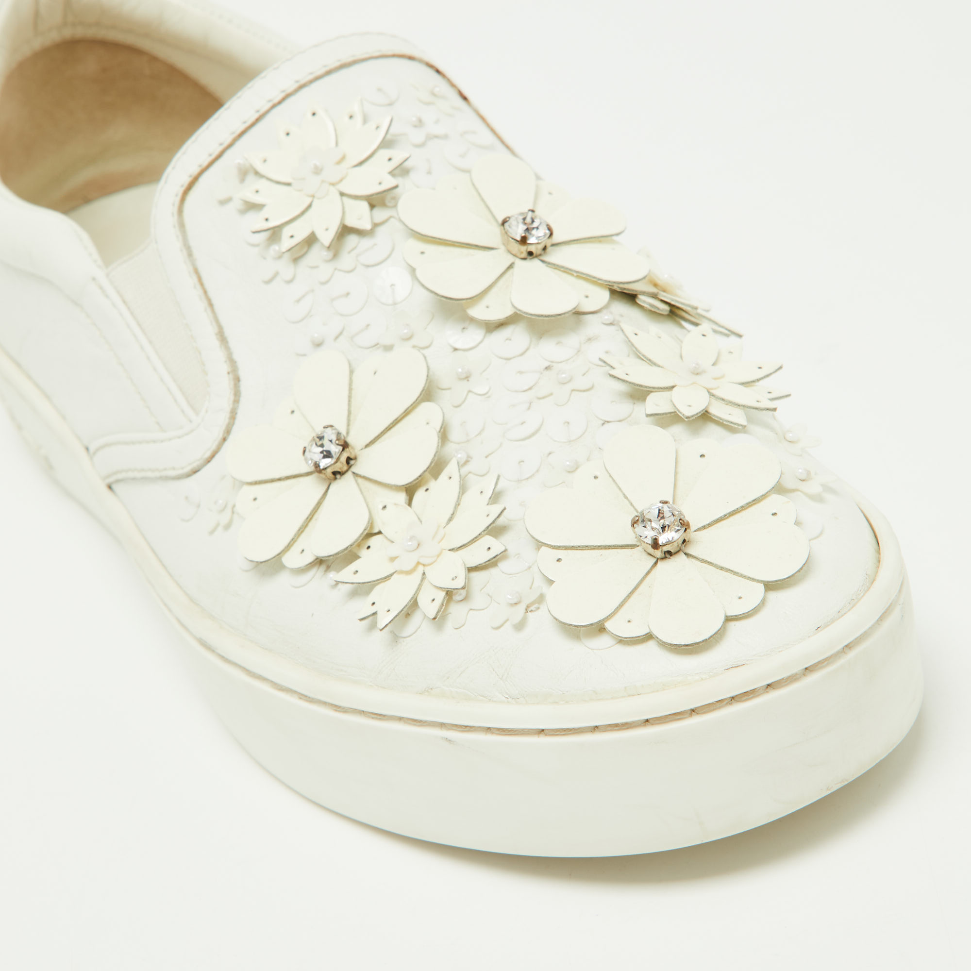 Dior White Leather Floral Crystal Embellished Slip On Sneakers Size 38