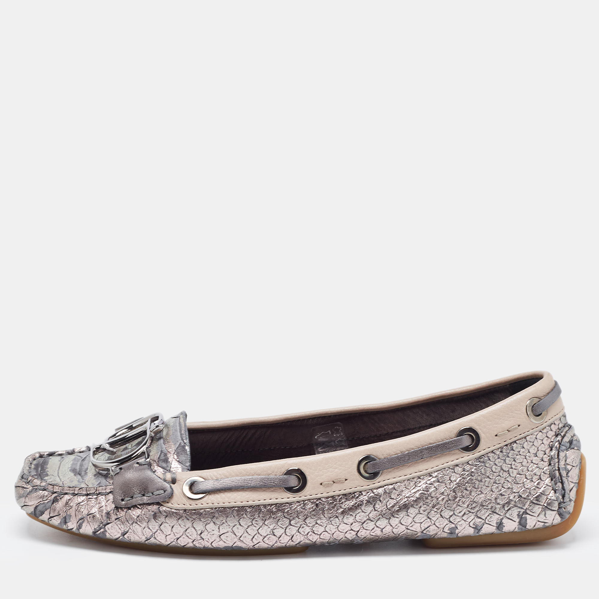 Dior Metallic Grey/Pink Python Embossed Leather CD Slip Loafers 38.5