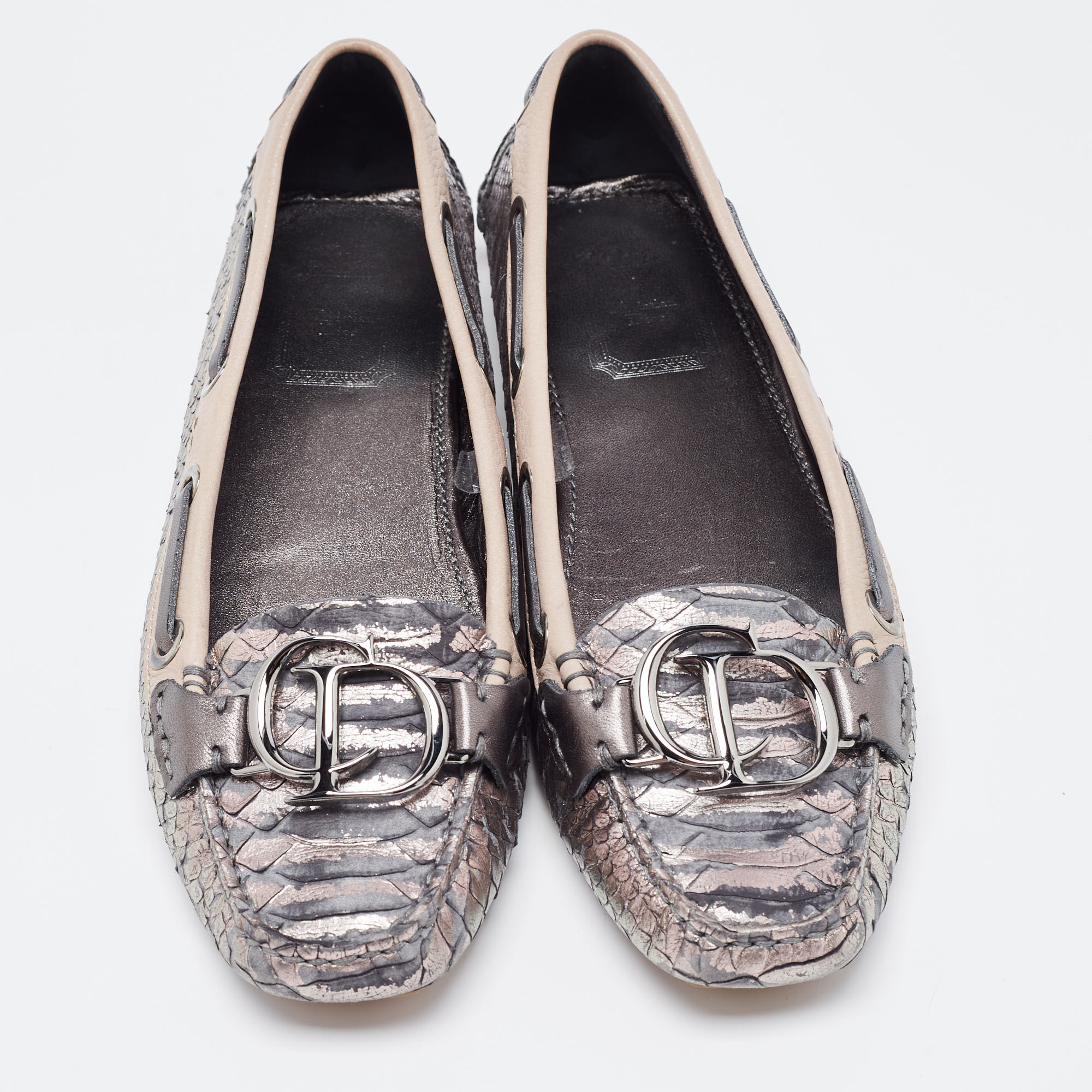 Dior Metallic Grey/Pink Python Embossed Leather CD Slip Loafers 38.5
