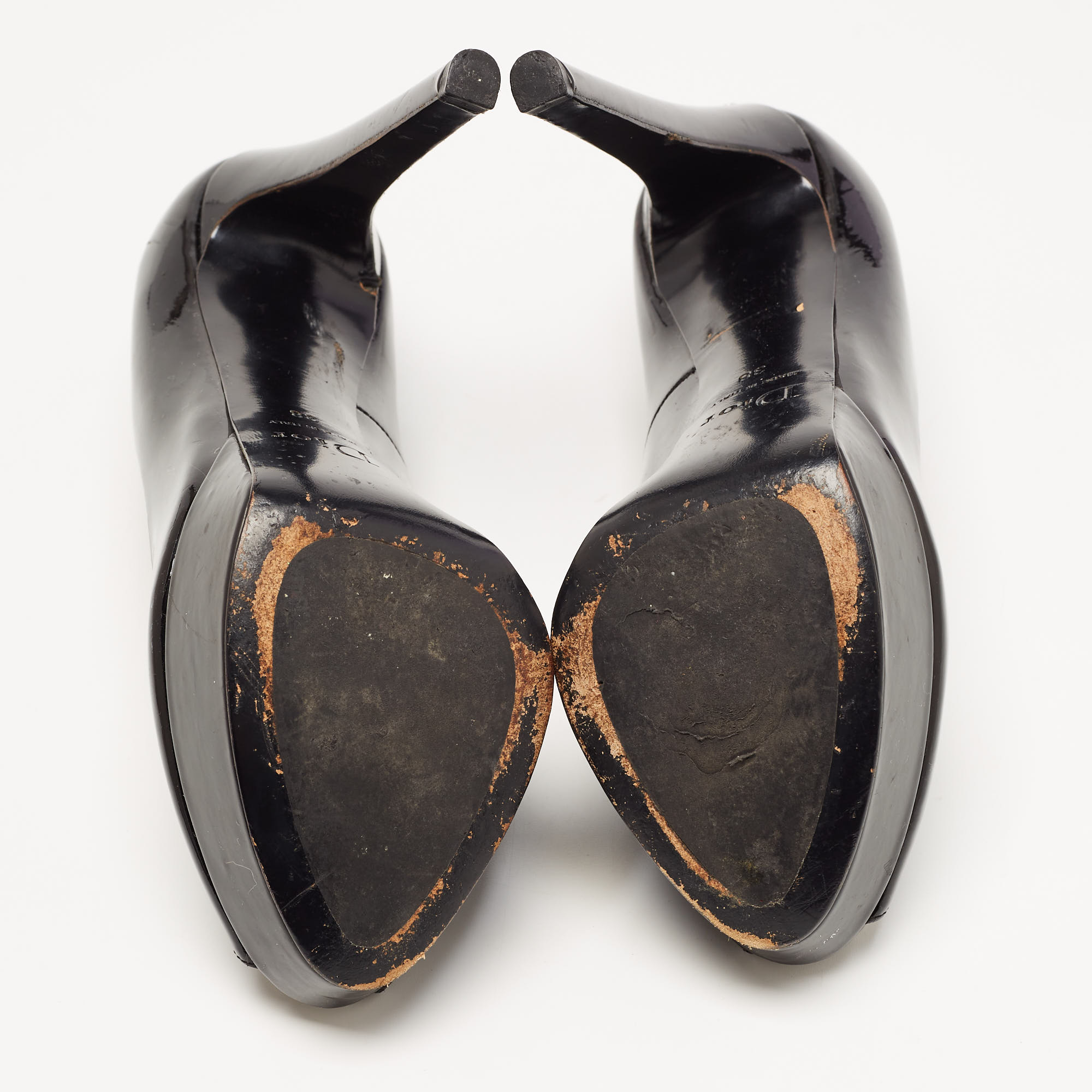 Dior Black Patent Leather Peep Toe Platform Pumps Size 38