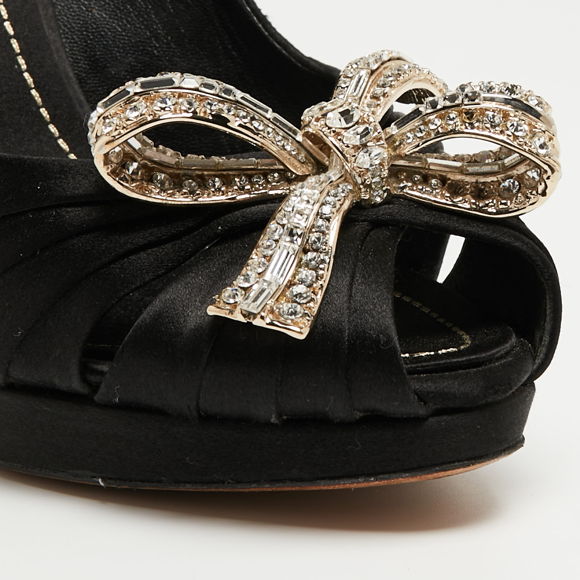 Dior Black Satin Crystal Embellished Peep Toe Platform Pumps Size 37