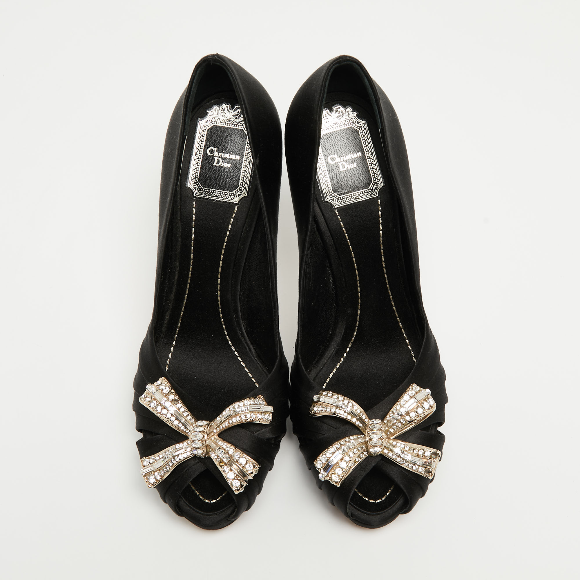 Dior Black Satin Crystal Embellished Peep Toe Platform Pumps Size 37