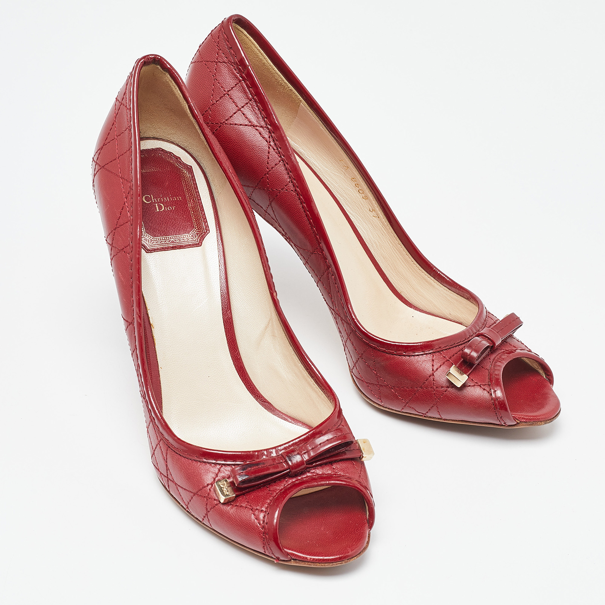 Dior Red Cannage Leather Bow Peep Toe Pumps Size 37