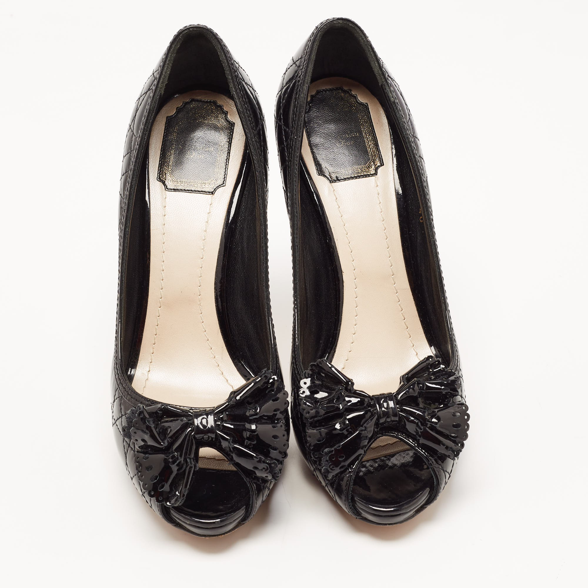Dior Black Cannage Patent Leather Bow Peep Toe Pumps Size 40